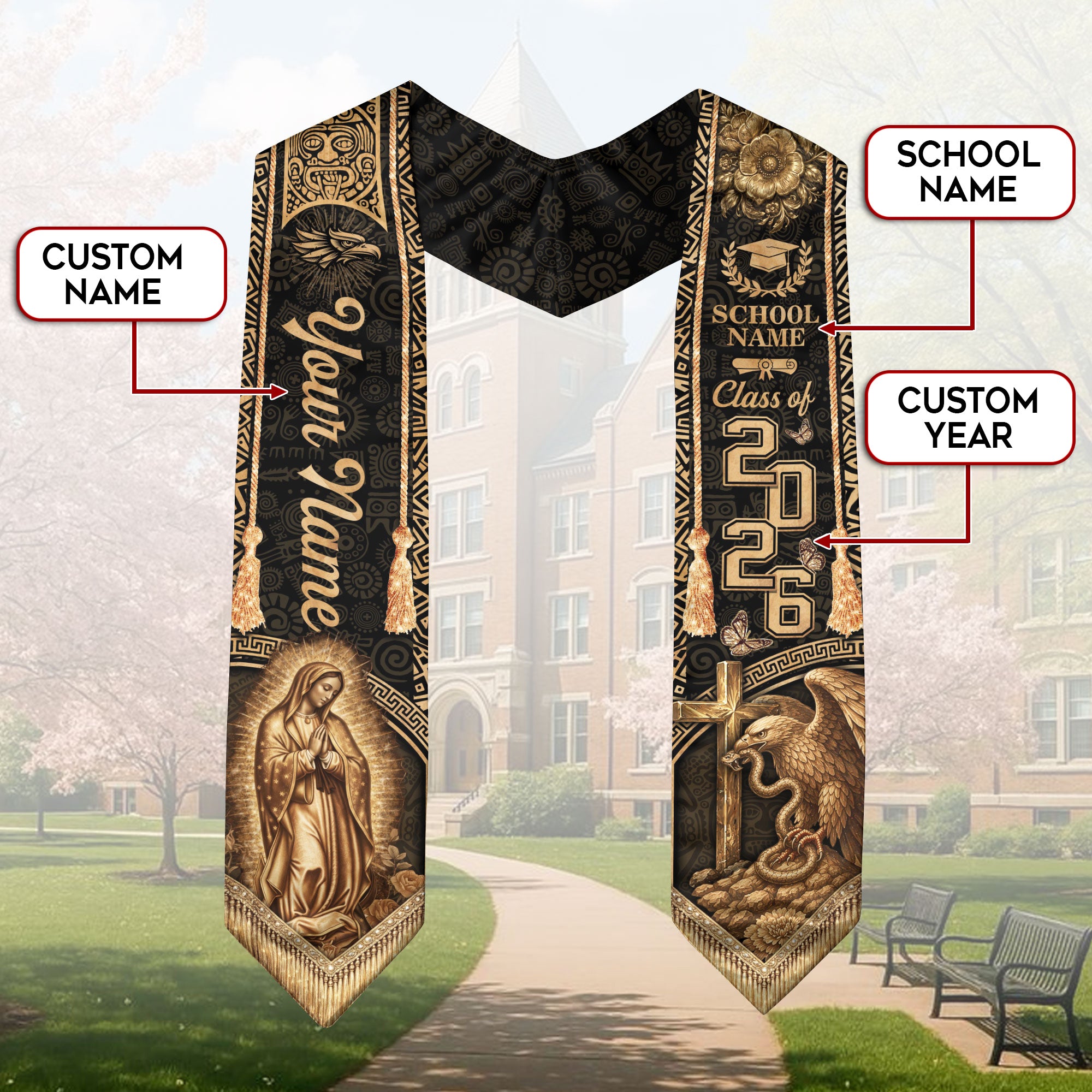 Vintage Gold Mexico Graduation Stole 2026 Virgin Mary Eagle Personalized Heritage Sash