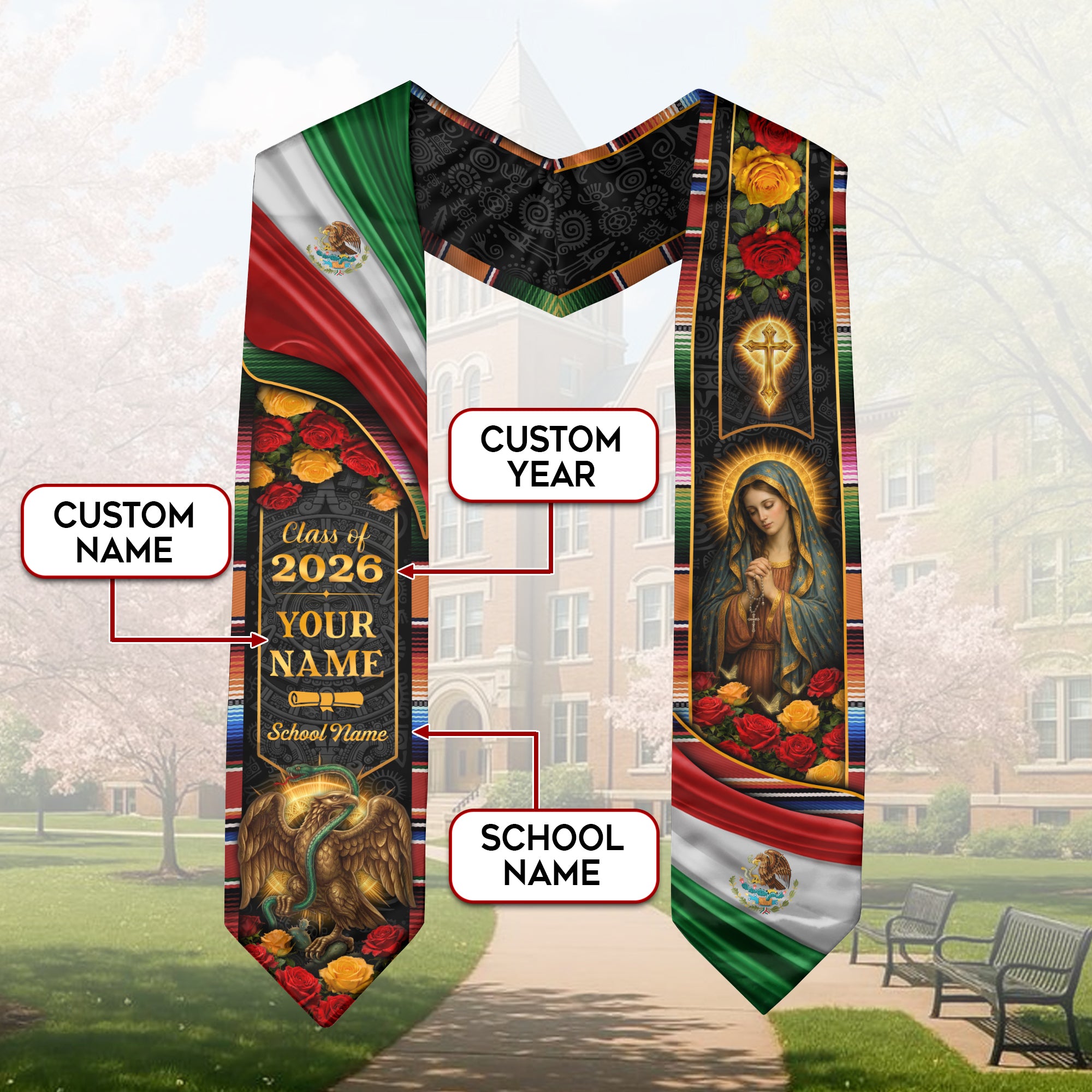 Mexico Graduation Stole 2026 Personalized Virgin Mary Eagle Rose Heritage Sash