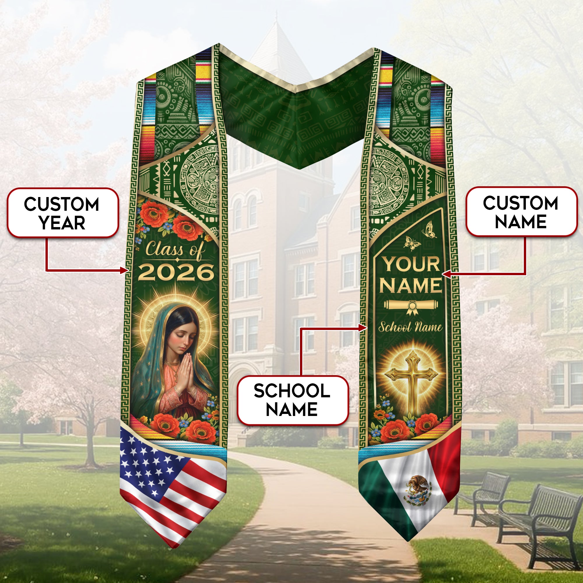 Custom Mexico USA Flag Graduation Stole 2026 Virgin Mary Heritage Sash