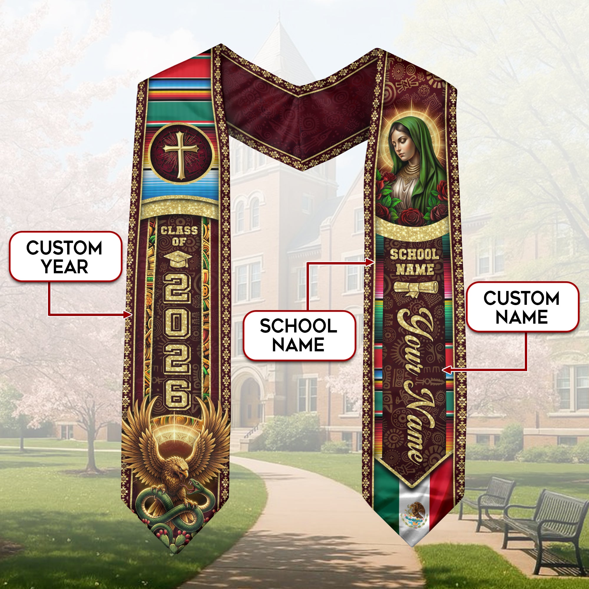 Custom Mexican Graduation Stole 2026 Virgin Mary Eagle Cross Name School Sash