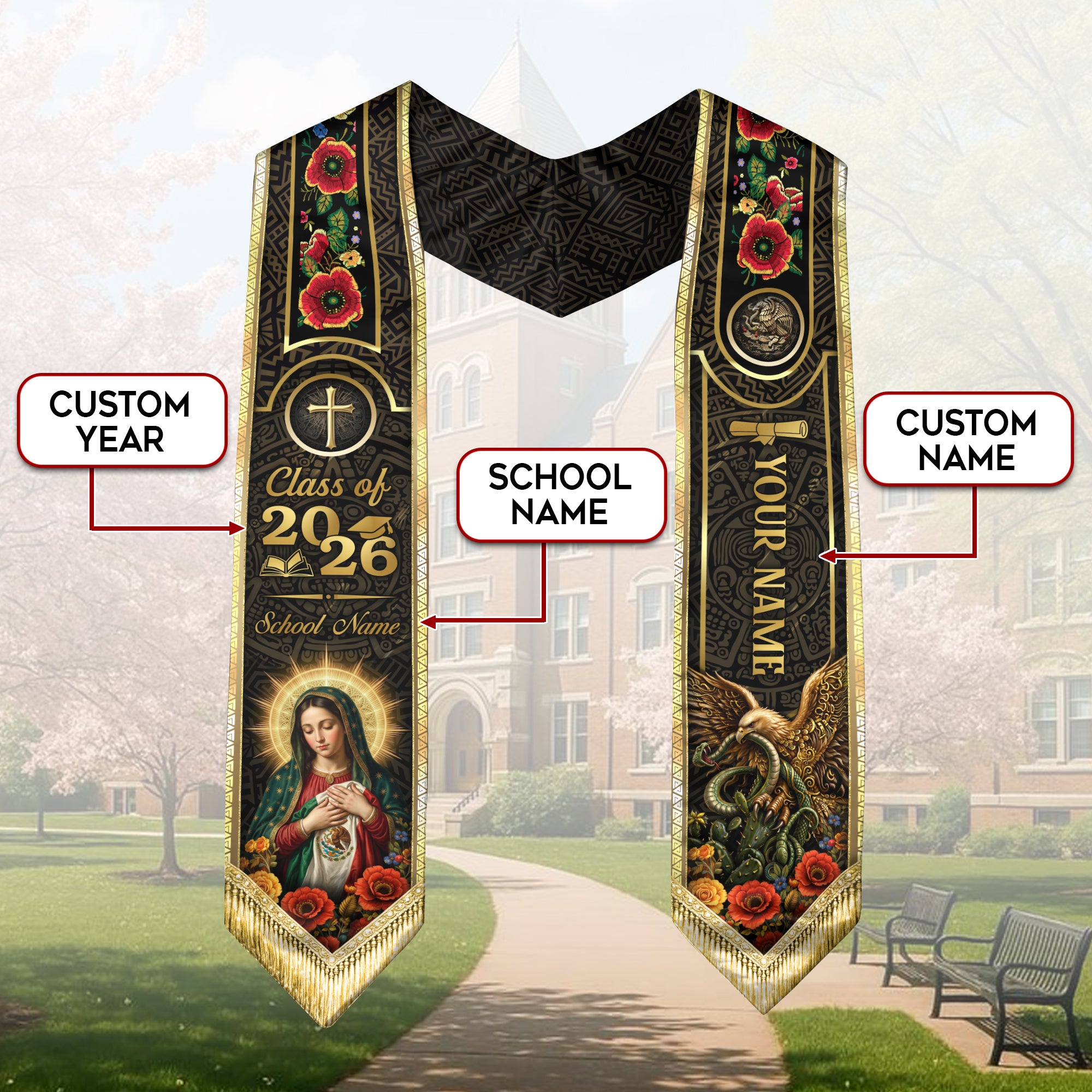 Custom Mexican Graduation Stole 2026 Catholic Virgin Mary Gold Luxury Name School Sash