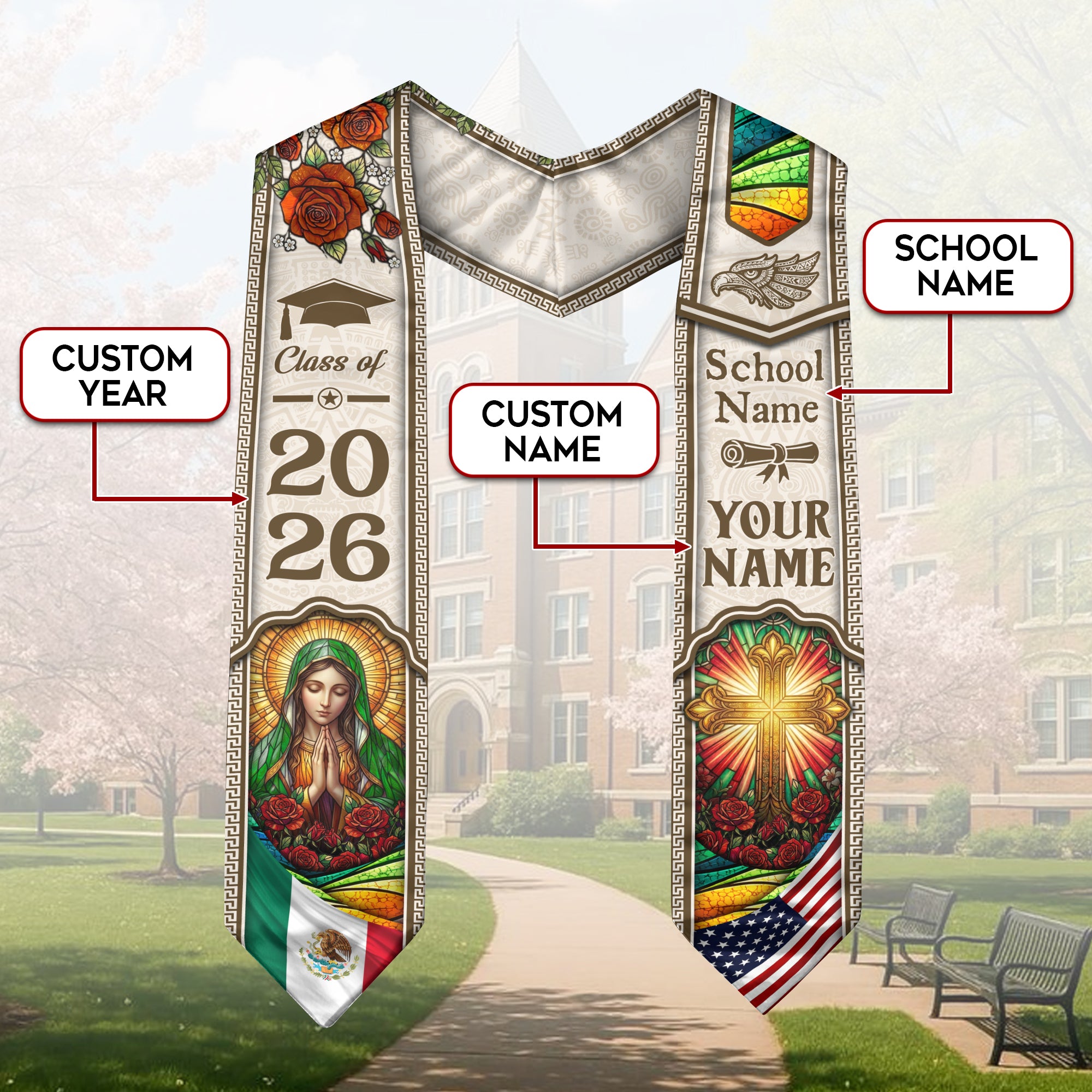 Mexican Graduation Stole 2026 Custom Name School Virgin Mary Cross Gold White Sash