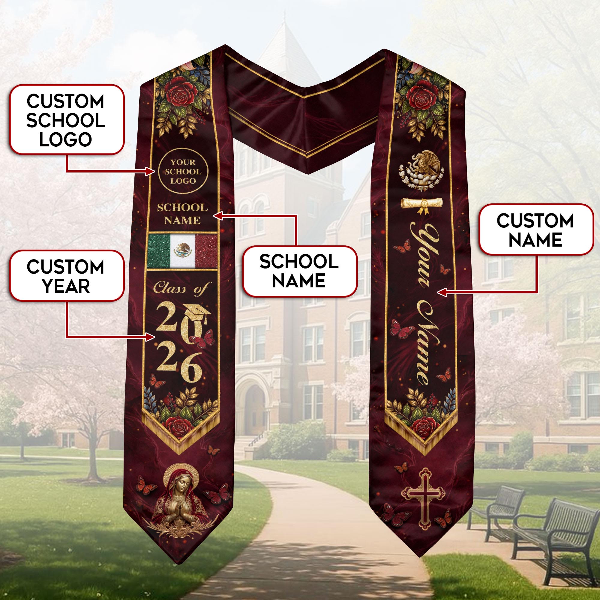 Sacred Heritage Mexican Stole Legacy 2026 Burgundy Virgin Mary Personalized Sash