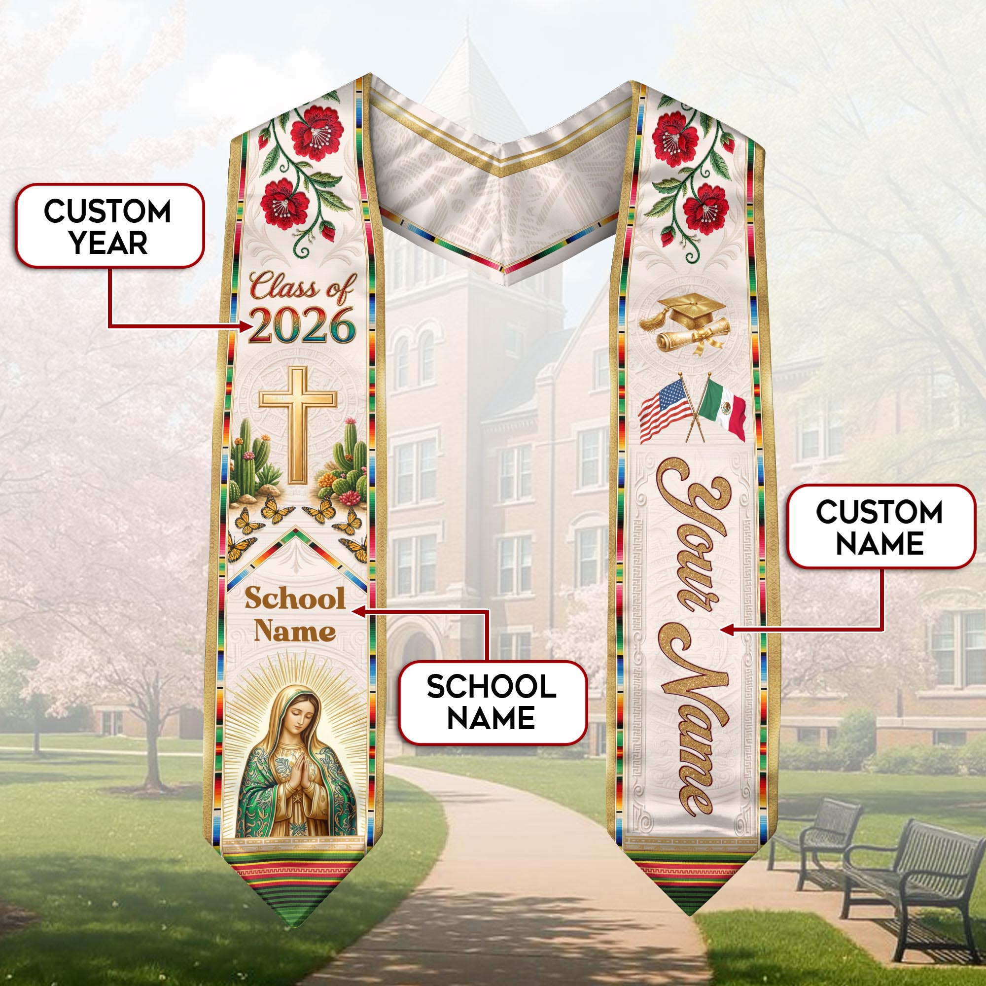Mexican Heritage Graduation Stole 2026 - Custom Name School Virgin Mary Cross Floral Sash
