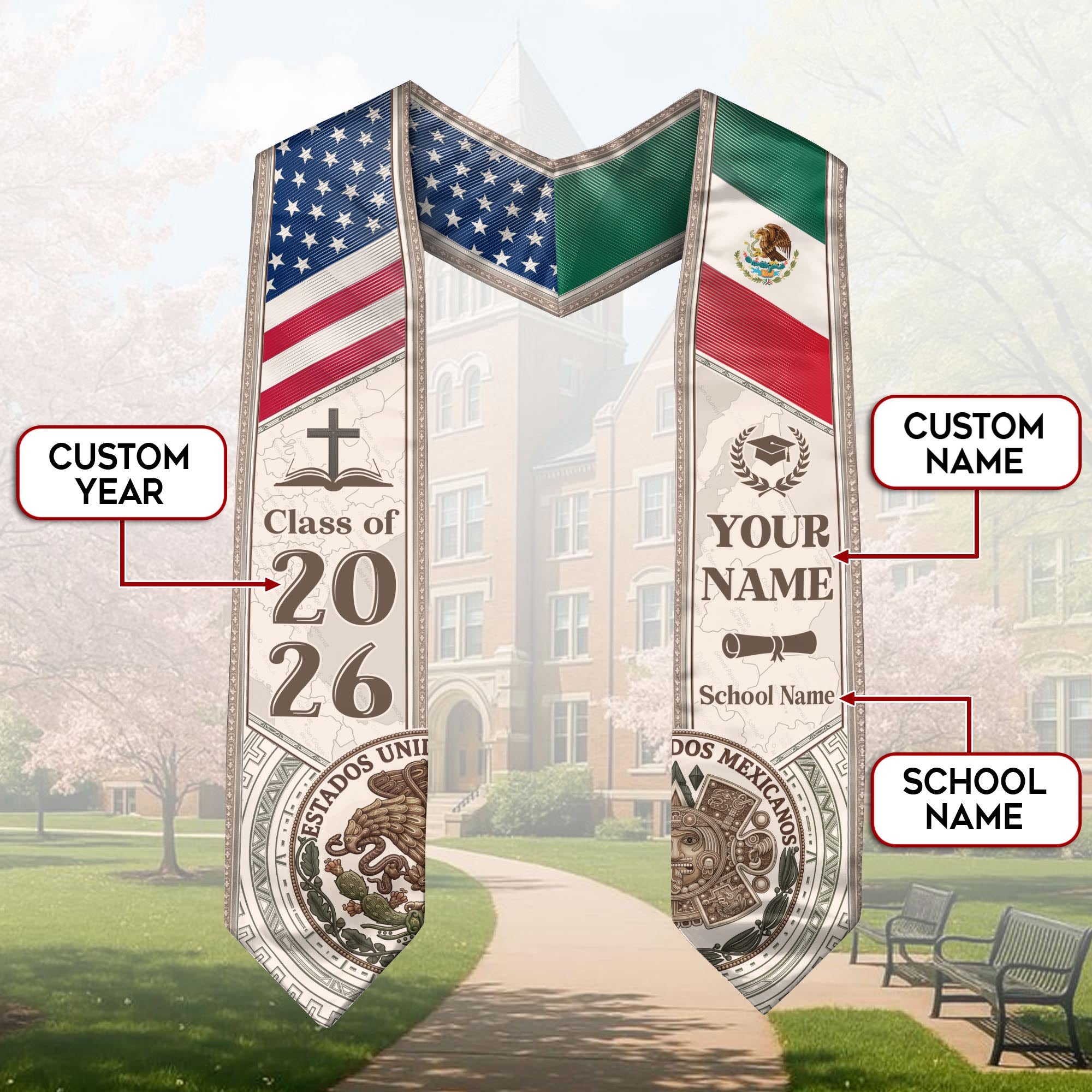 USA Mexico Dual Citizenship Graduation Stole 2026 - Personalized Name & School Sash