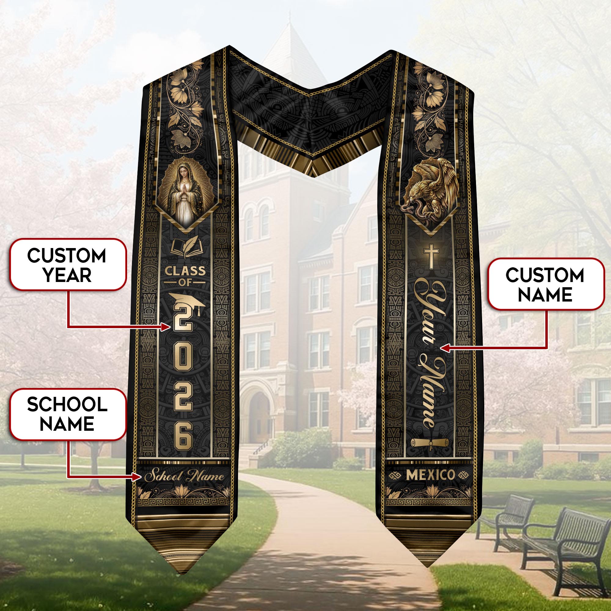 Mexico Graduation Stole Class of 2026 - Custom Name School Gold Black Sash