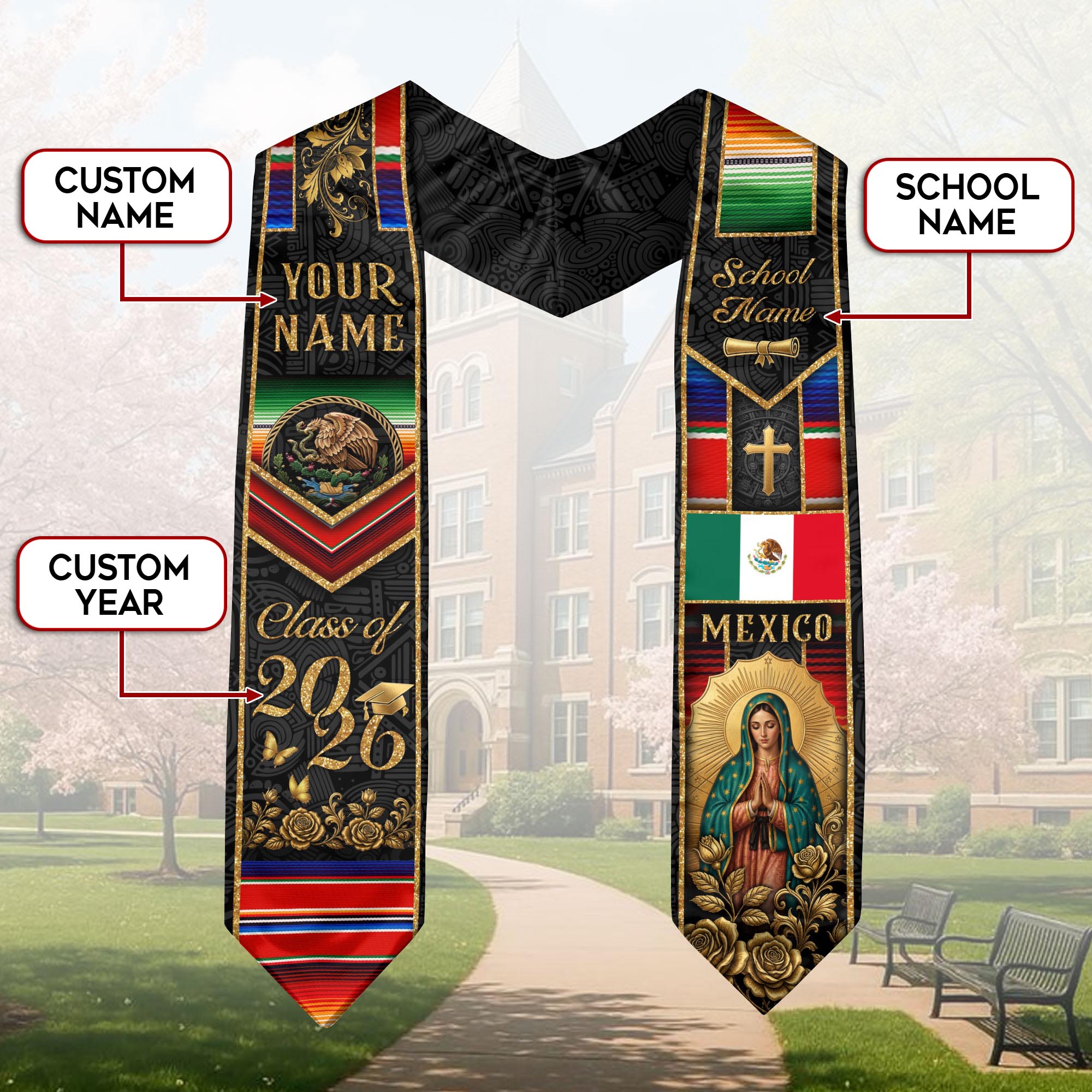 Mexican Heritage Graduation Stole 2026 - Custom Name School Eagle Virgin Mary Gold Sash