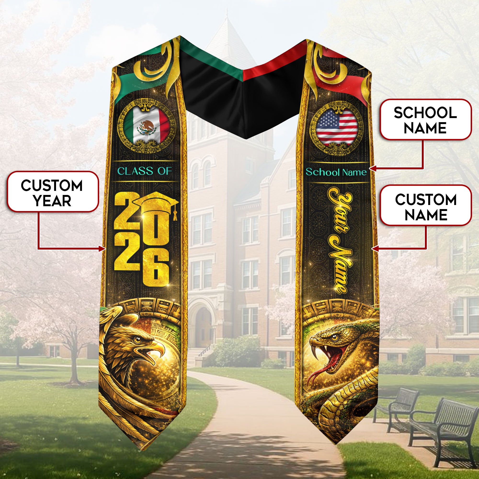 Custom Mexico USA Flag Graduation Stole 2026 Eagle Snake Mexican American Heritage Sash