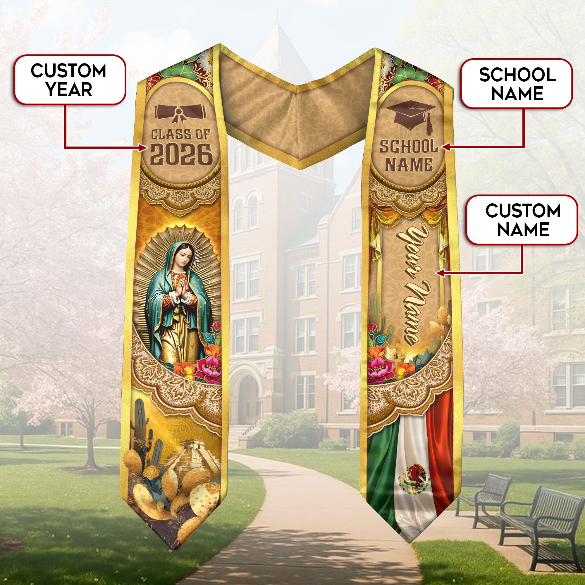 Mexico Graduation Stole 2026 Virgin Mary Pyramid Personalized Heritage Gold Sash