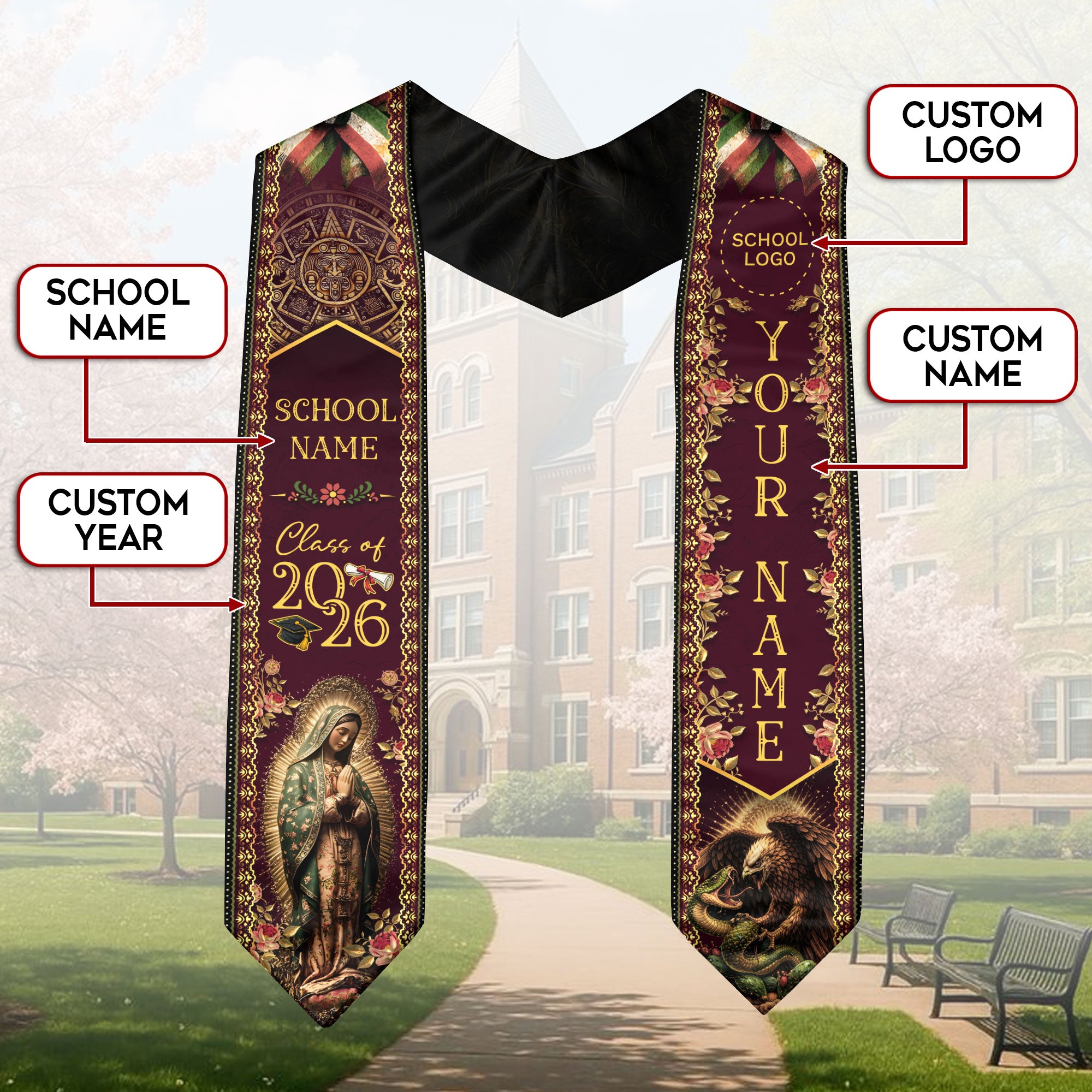 Mexico Graduation Stole 2026 Virgin Mary Burgundy Gold Personalized Heritage Sash
