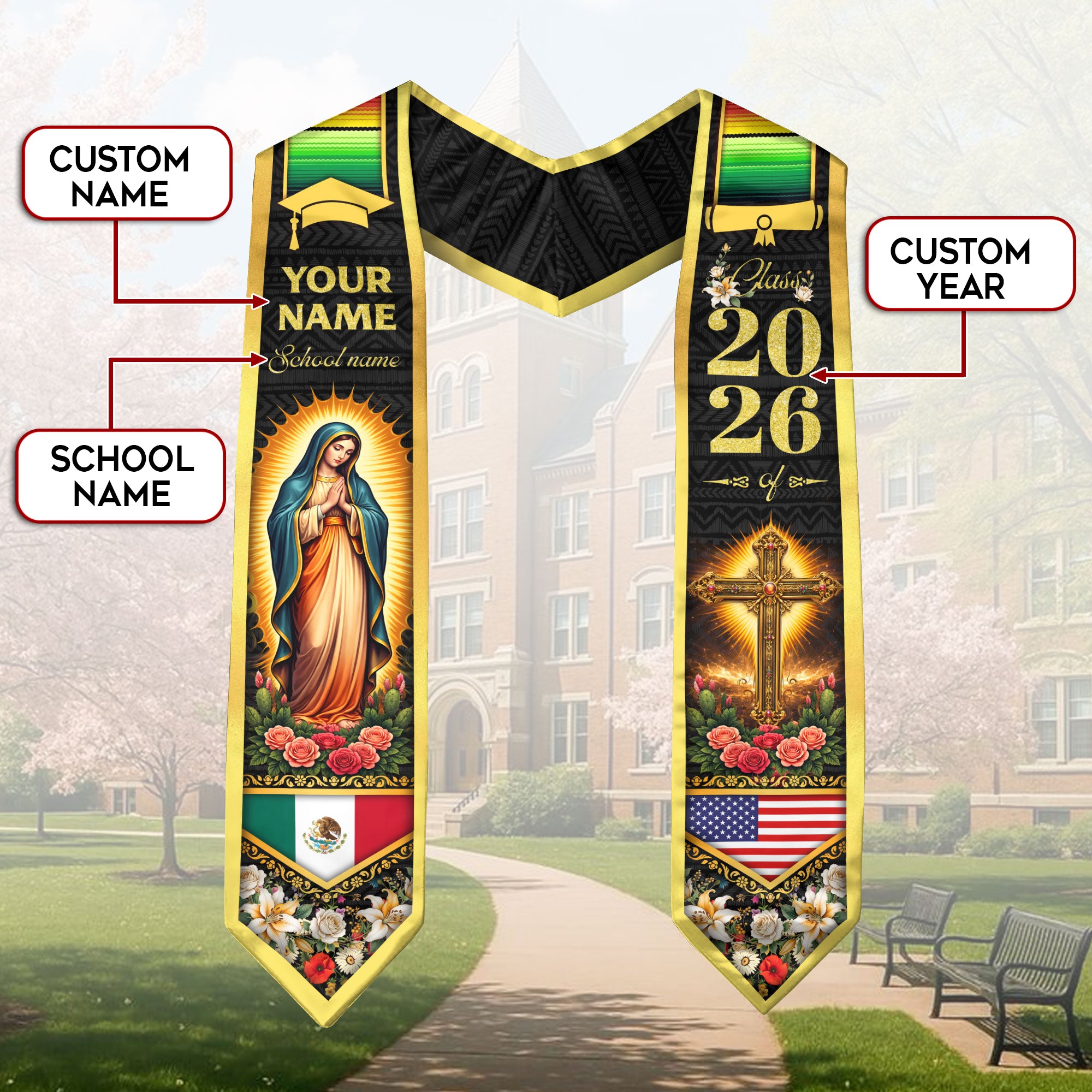 Custom Mexico USA Flag Graduation Stole 2026 Virgin Mary Cross Heritage Sash