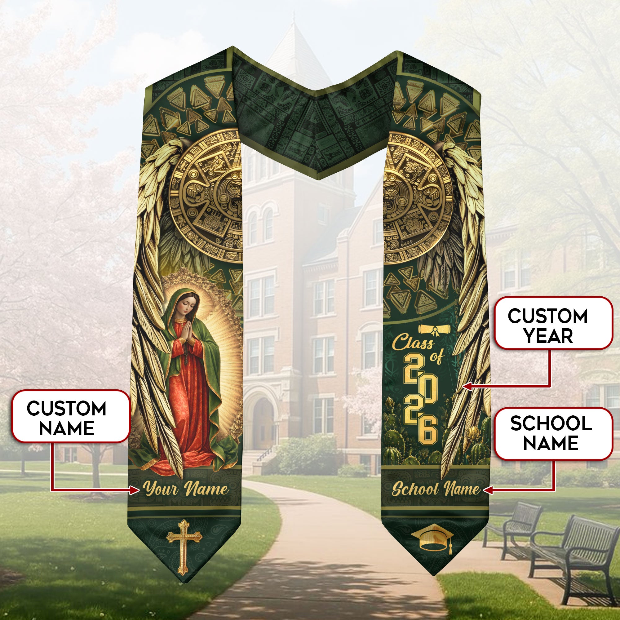 Mexico Graduation Stole 2026 Virgin Mary Aztec Calendar Personalized Heritage Sash