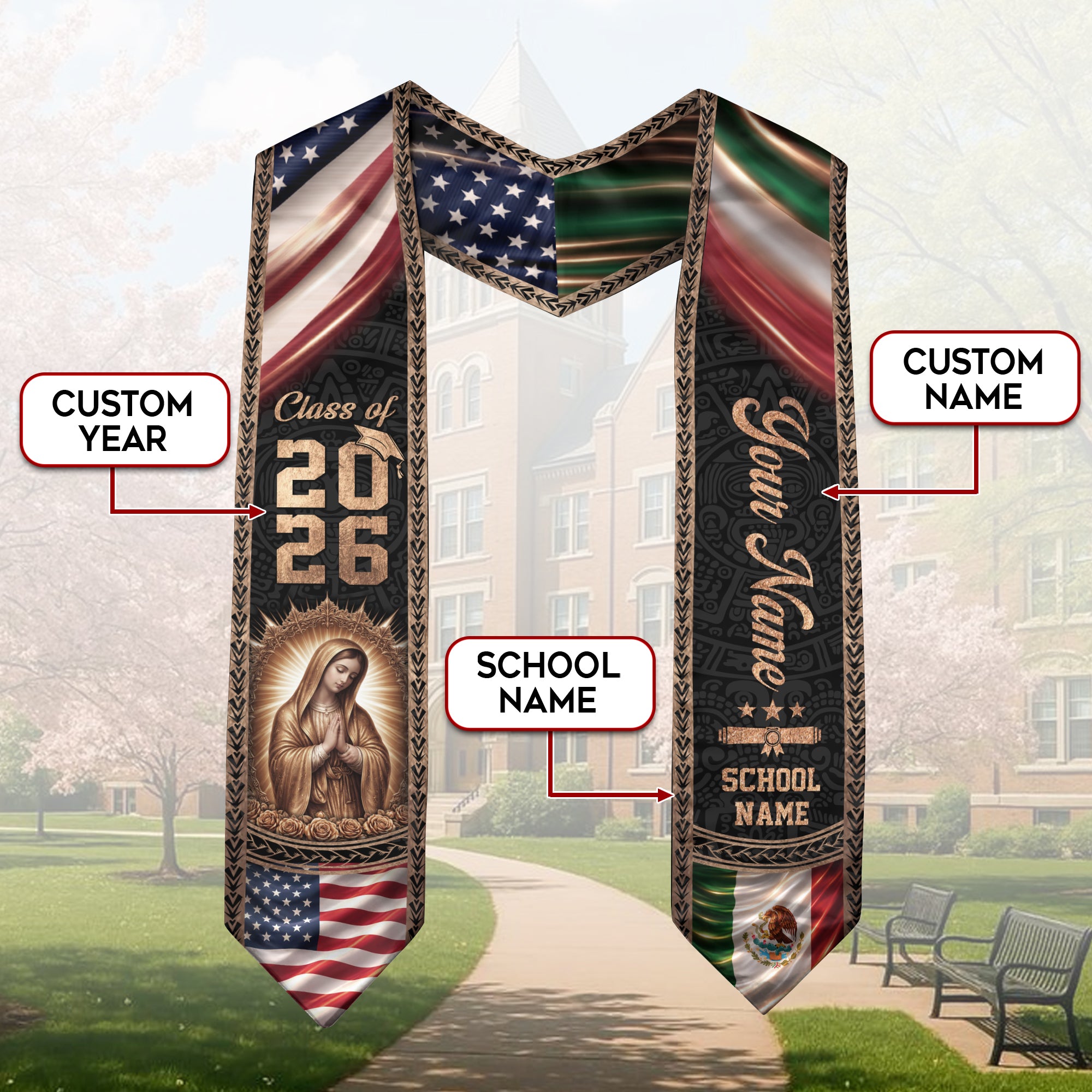 Mexico USA Flag Graduation Stole 2026 Virgin Mary Personalized Heritage Bronze Sash