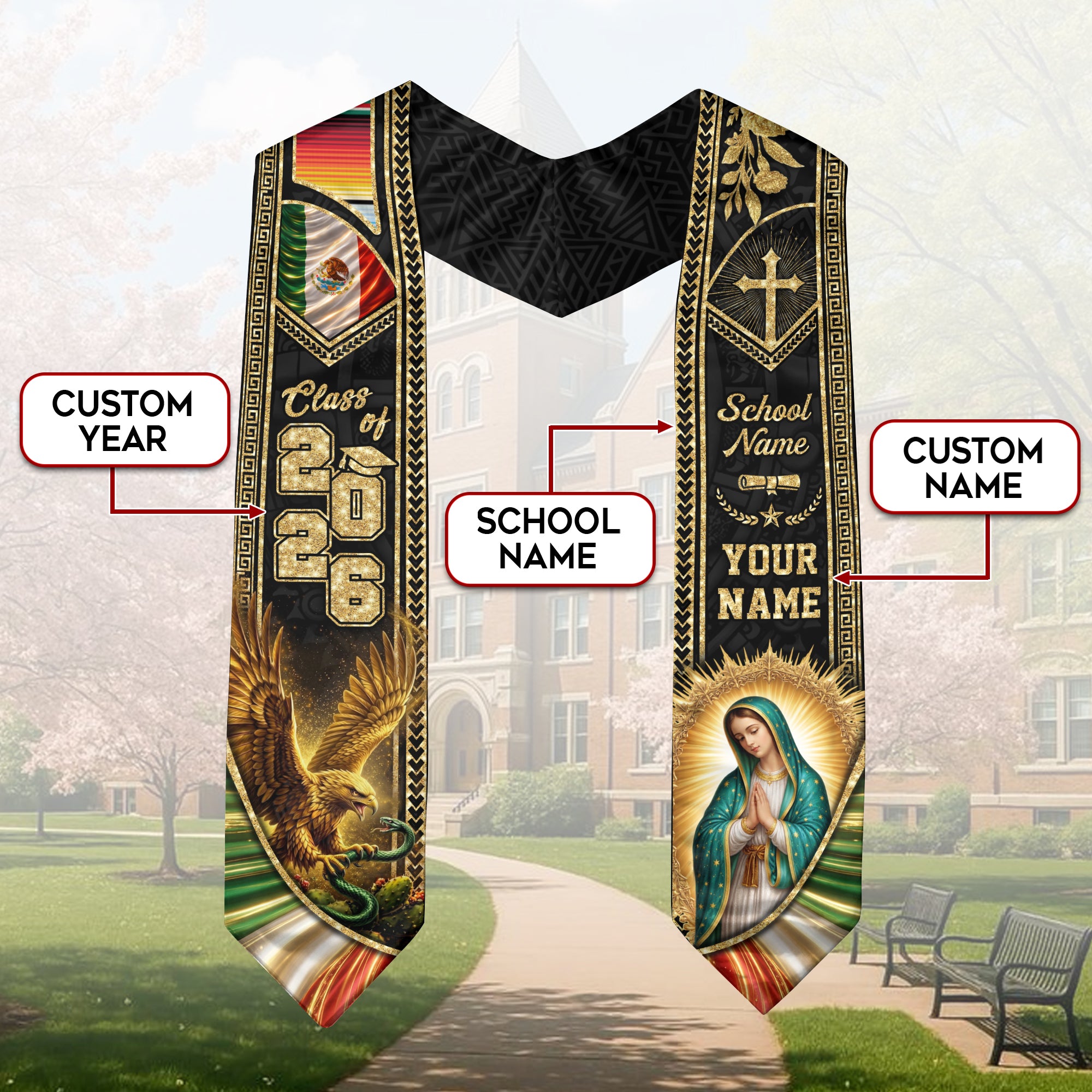 Mexico Graduation Stole 2026 Virgin Mary Eagle Personalized Mexican Heritage Sash
