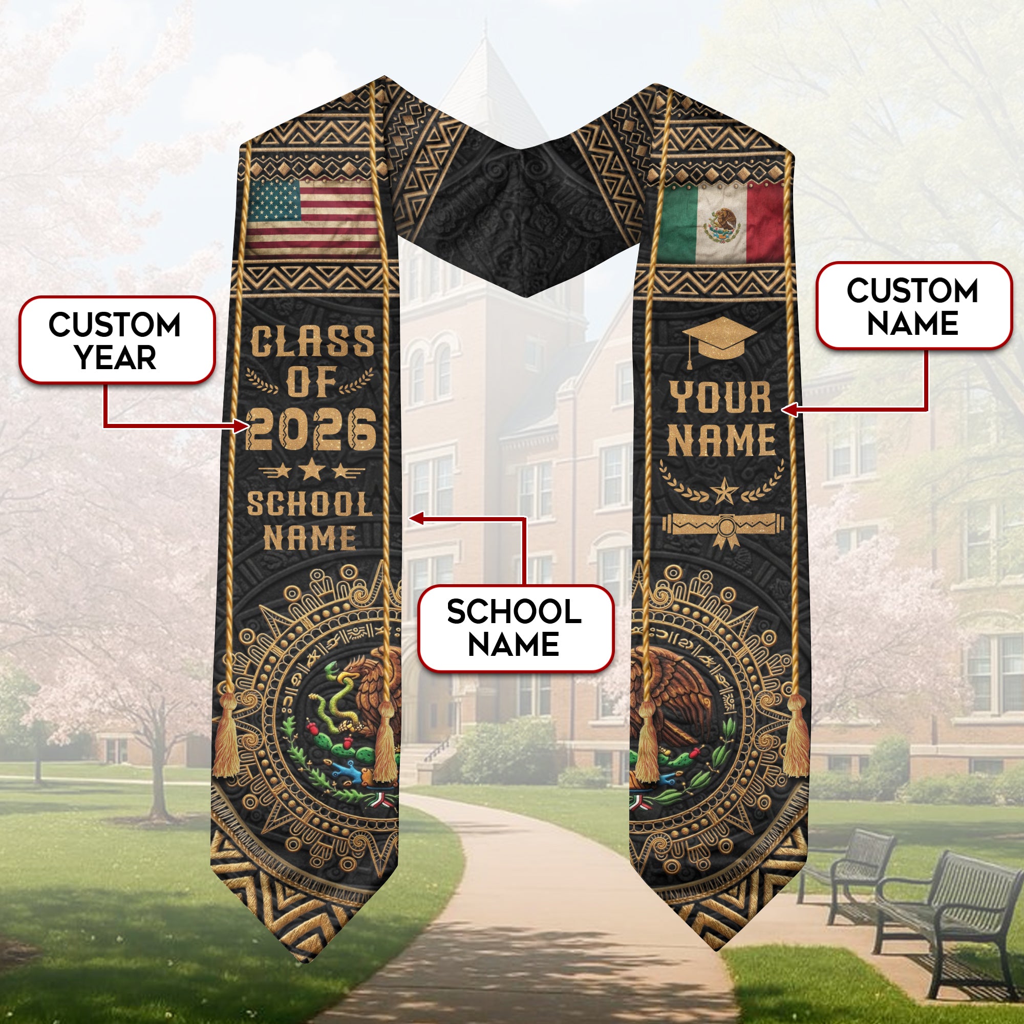 Custom Mexico USA Flag Graduation Stole 2026 Aztec Calendar Heritage Gold Sash
