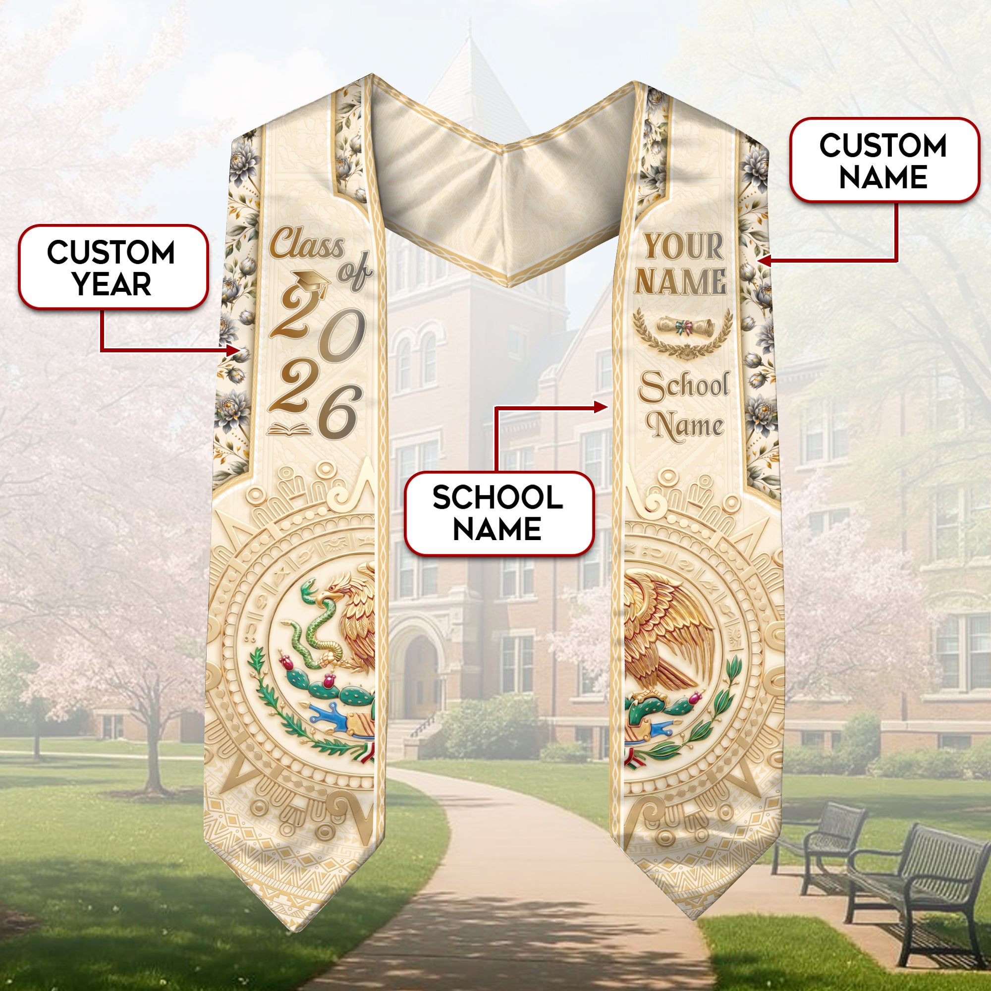 Mexico Graduation Stole 2026 Eagle Mexican American Heritage Personalized Cream Sash