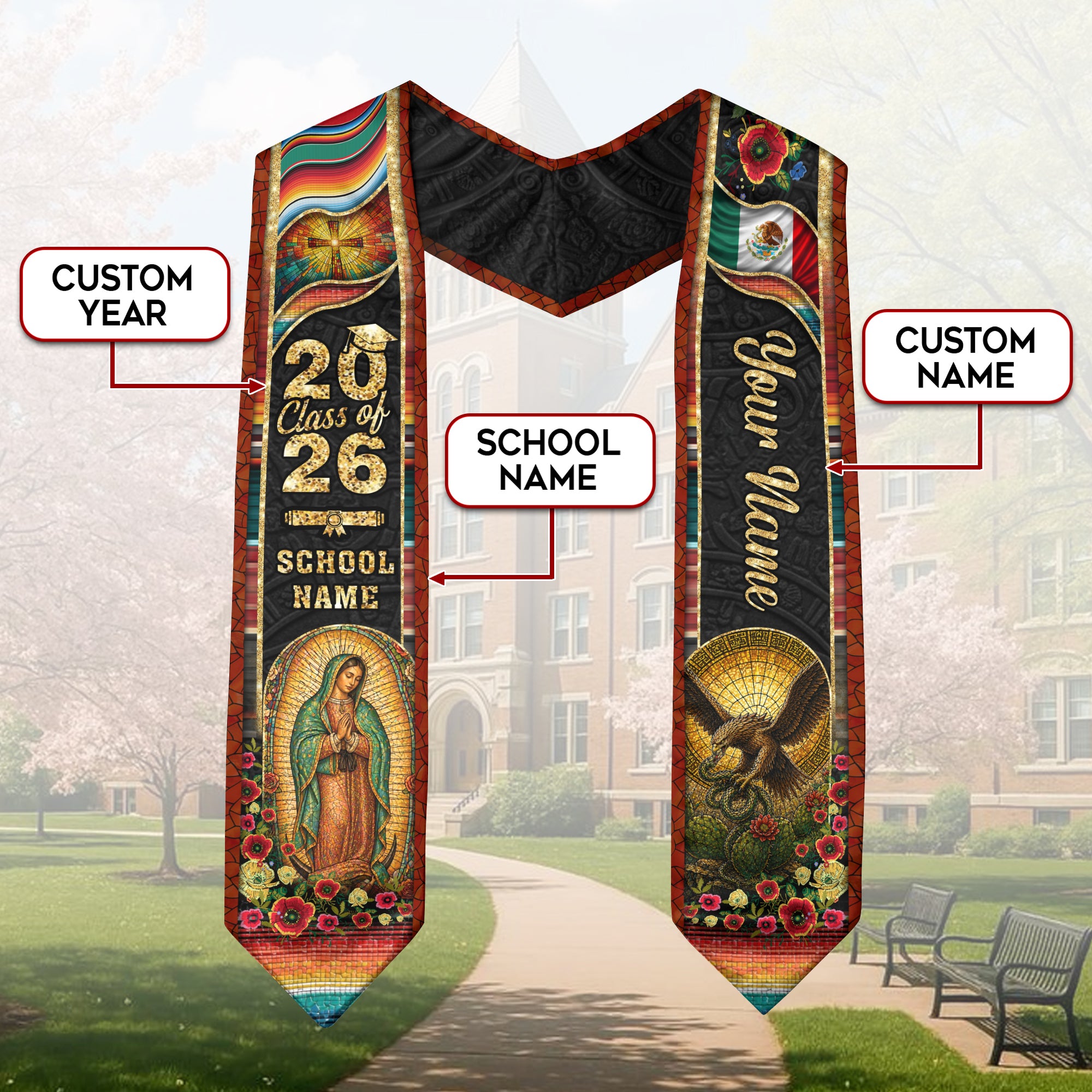 Mexico Graduation Stole 2026 Virgin Mary Eagle Serape Personalized Heritage Mosaic Sash