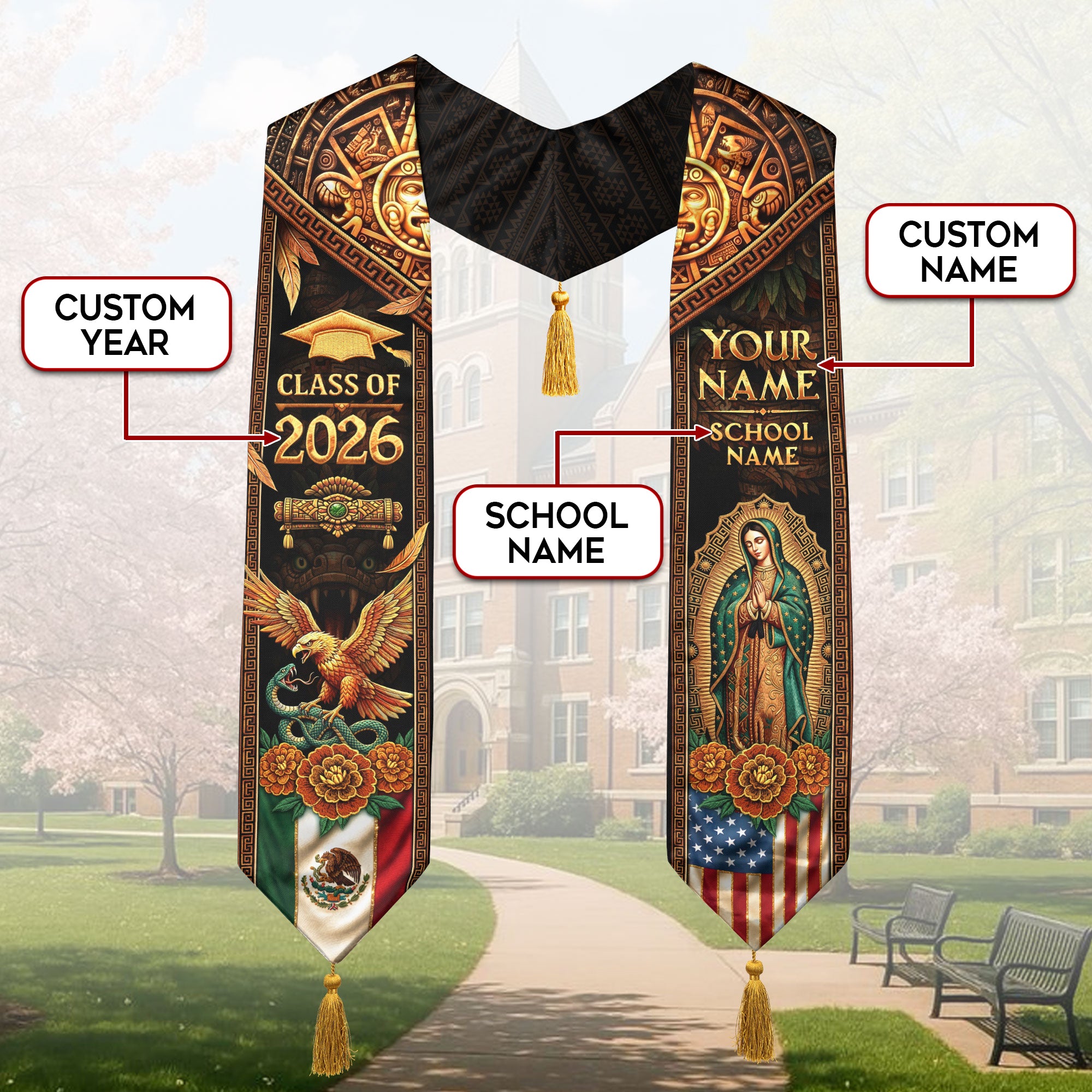 Mexico USA Graduation Stole 2026 Tassels Virgin Mary Eagle Personalized Gold Sash