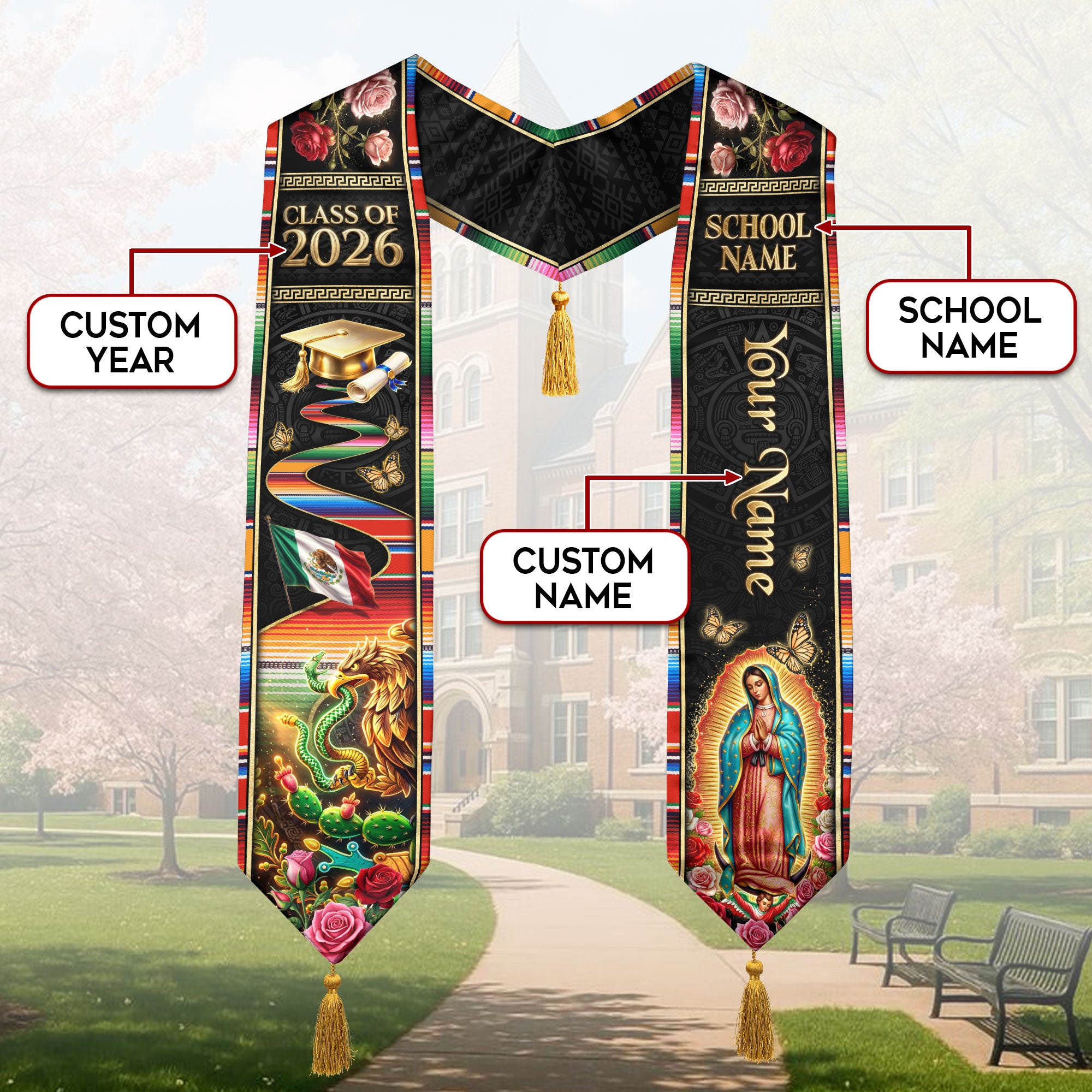 Custom Mexico Graduation Stole 2026 Tassels Virgin Mary Eagle Serape Sash