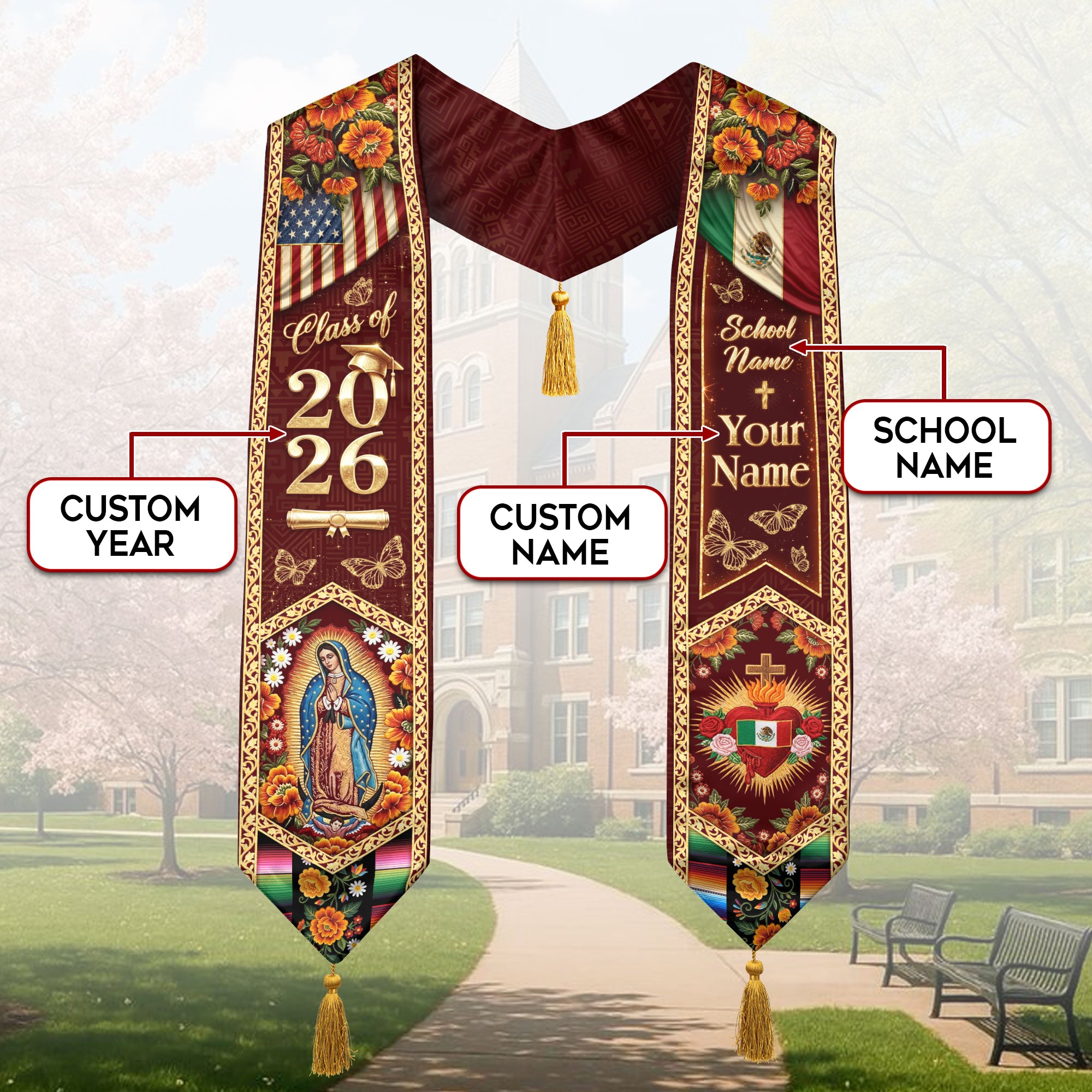 Mexico USA Graduation Stole 2026 Tassels Virgin Mary Burgundy Personalized Heritage Sash