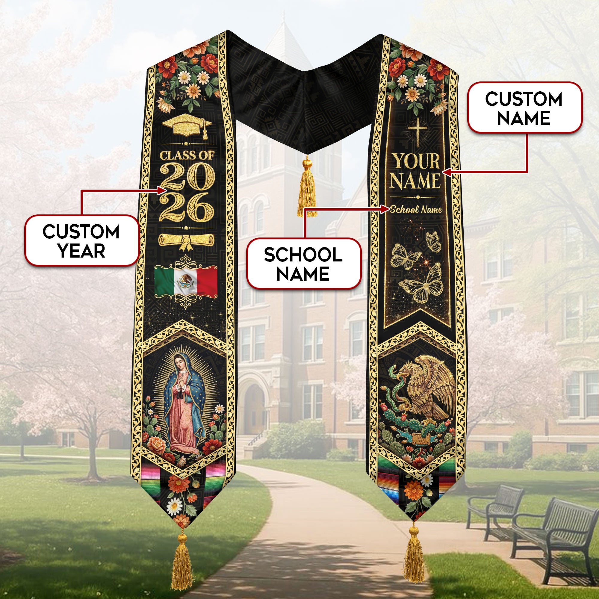 Custom Mexico Graduation Stole 2026 Tassels Virgin Mary Eagle Black Gold Sash