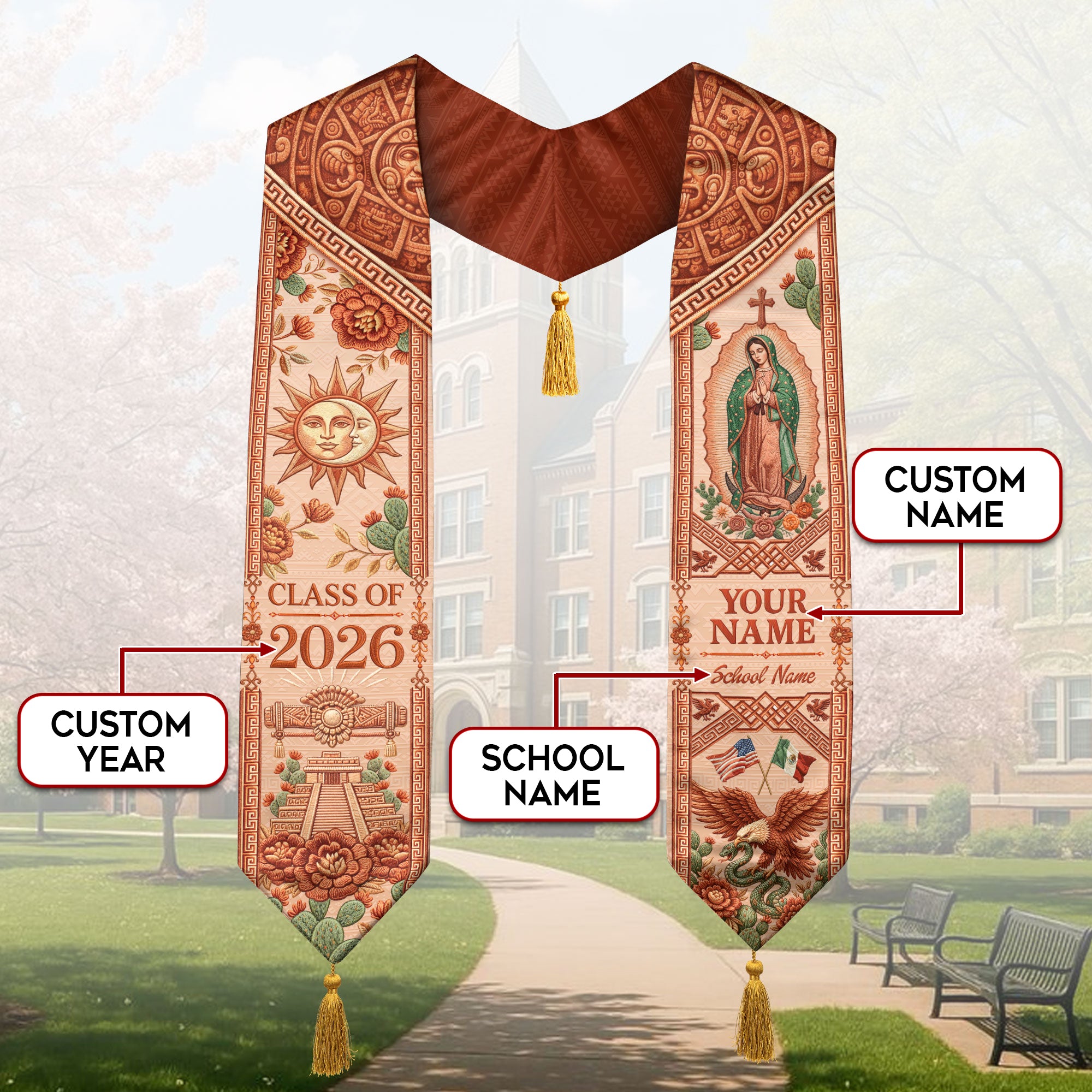 Personalized Mexico Graduation Stole 2026 Tassels Virgin Mary Terracotta Aztec Sash
