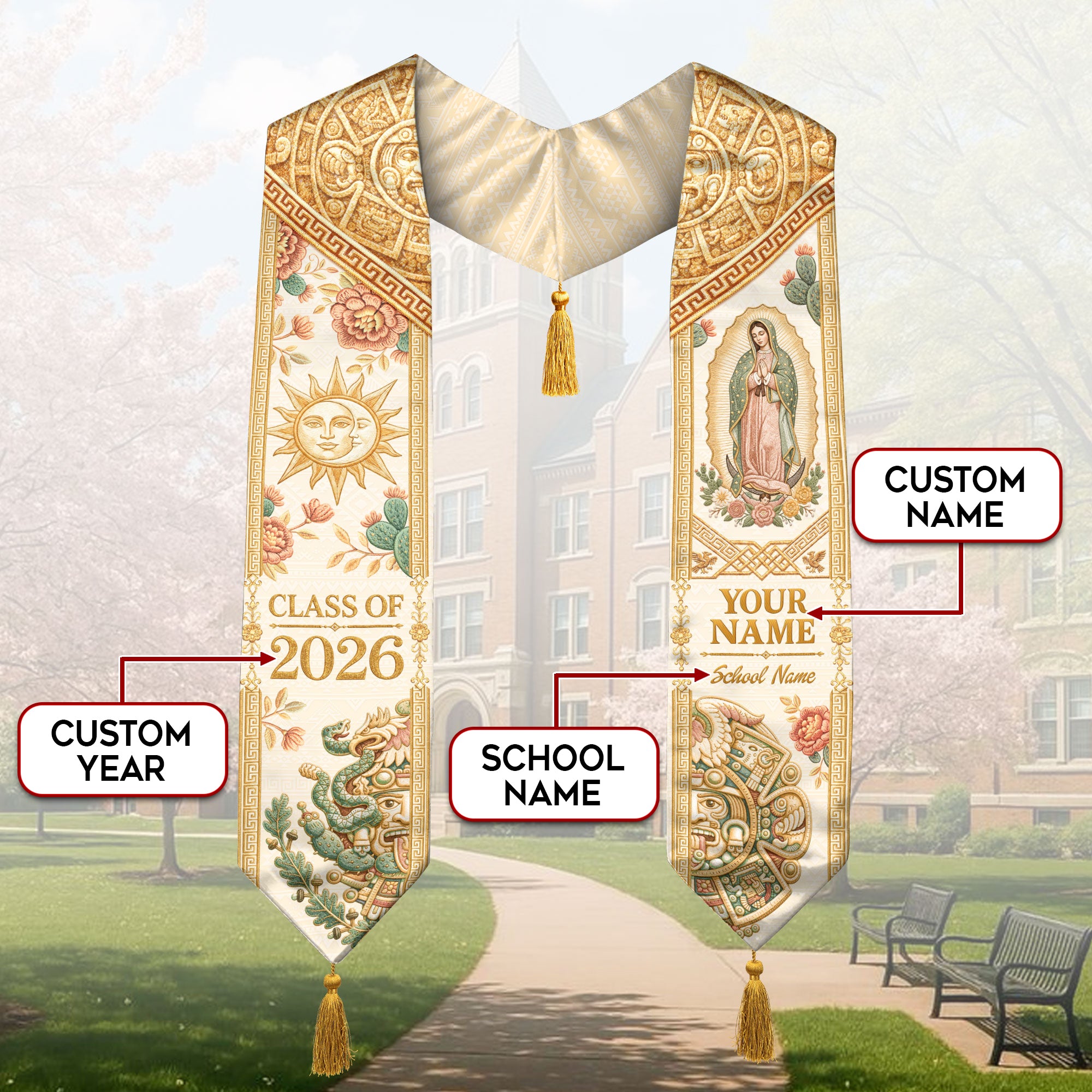 Custom Mexico Graduation Stole 2026 Tassels Virgin Mary Ivory Aztec Gold Sash