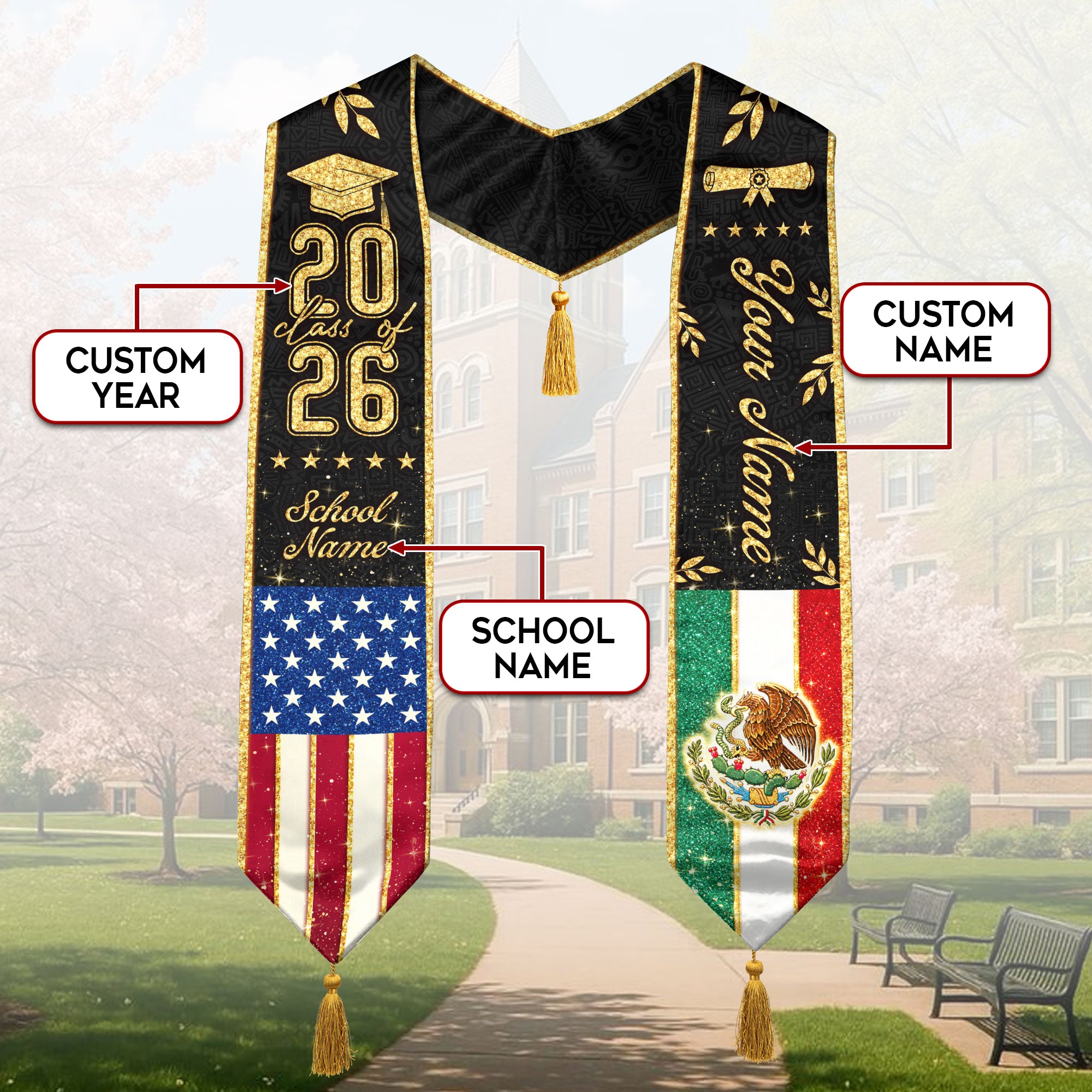 Personalized Mexico USA Golden Tassels Edition Class of 2026 Graduation Stole