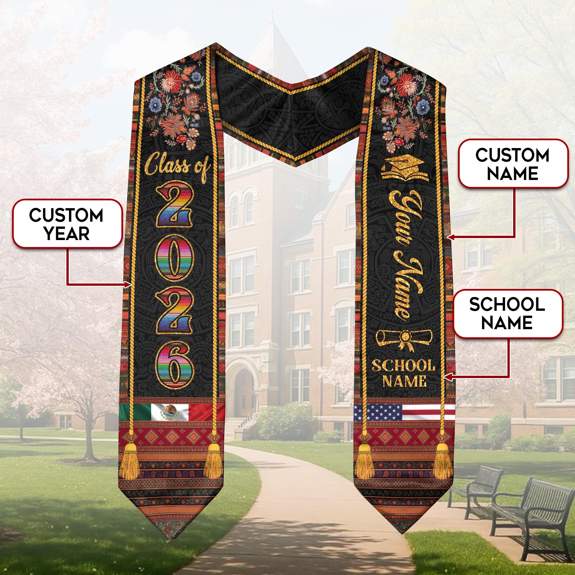 Custom Mexican American Grad Stole Class of 2026 Embroidered Style Graduation Sash