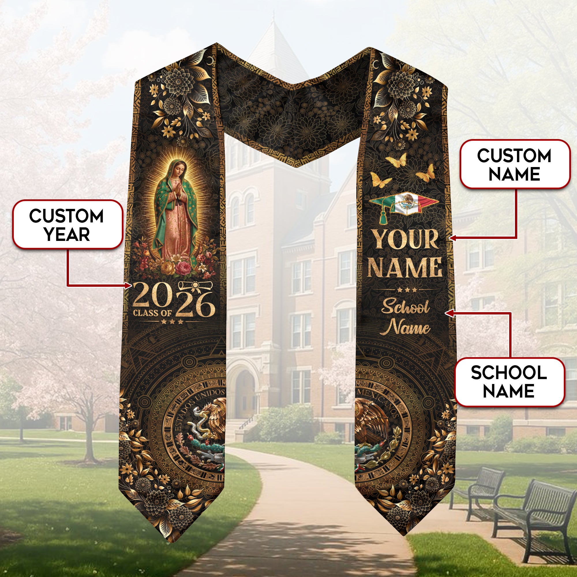 Mexico Graduation Stole 2026 Virgen De Guadalupe Personalized Grad Sash