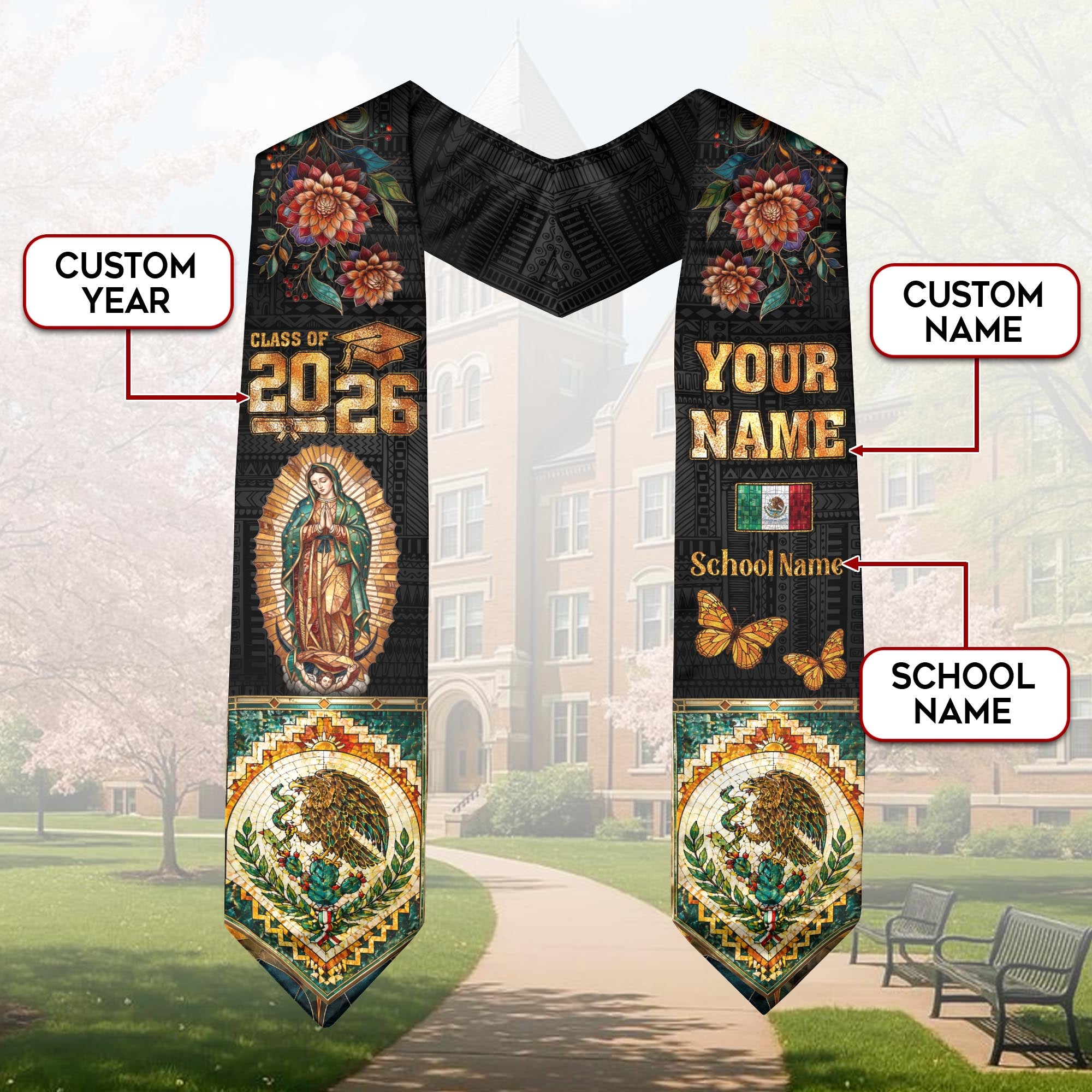 Mexico Grad Stole Custom Name 2026 Virgen De Guadalupe Mexican Senior Sash