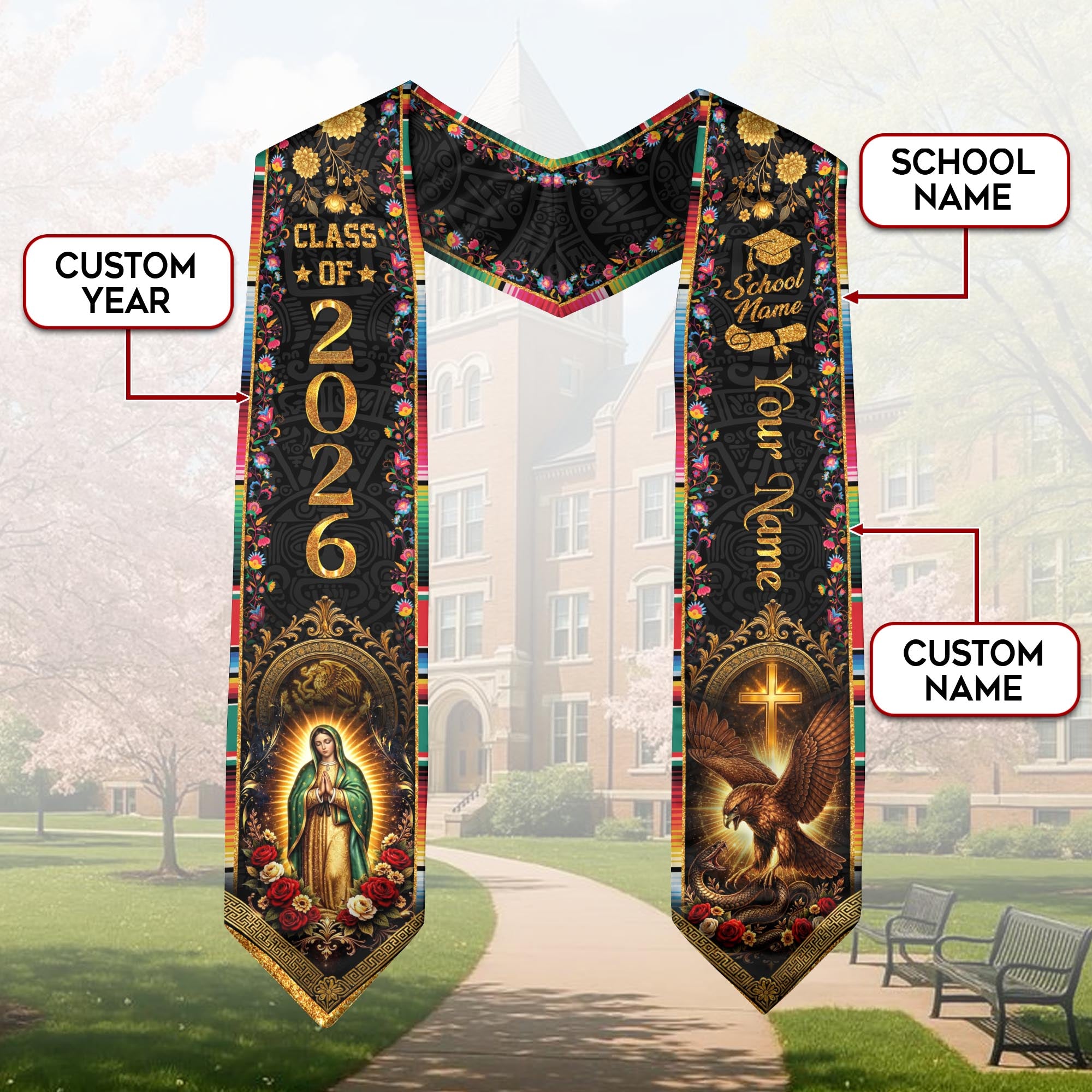 Mexico Graduation Stole Custom Class of 2026 Virgin Mary Aztec Eagle Serape Sash