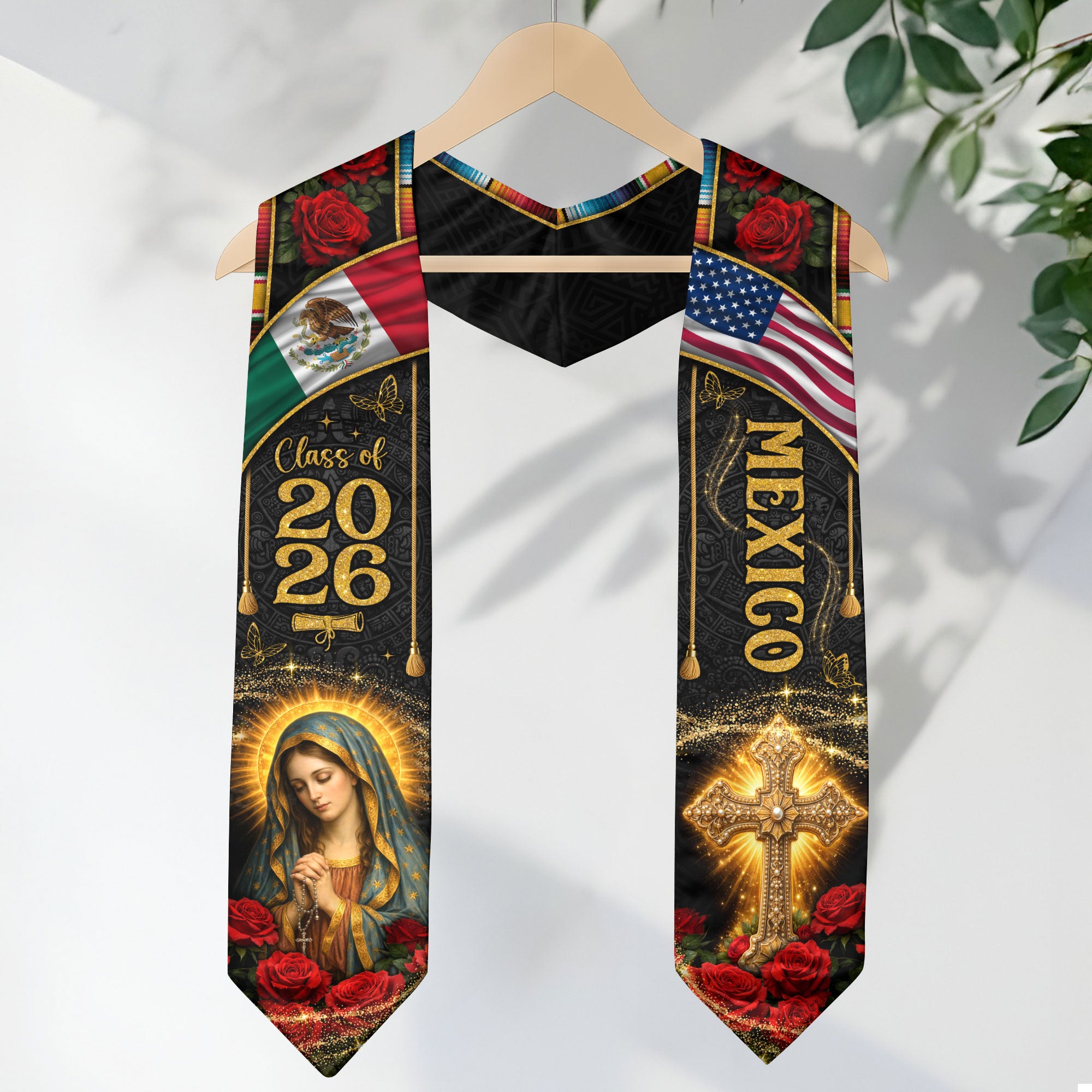 Mexico Graduation Stole Class of 2026 Virgin Mary Guadalupe Cross Serape Mexican Flag