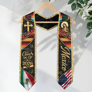 Mexico Stole Graduation 2026 Virgin Mary Cross Gold Glitter Mexican USA Flag Serape