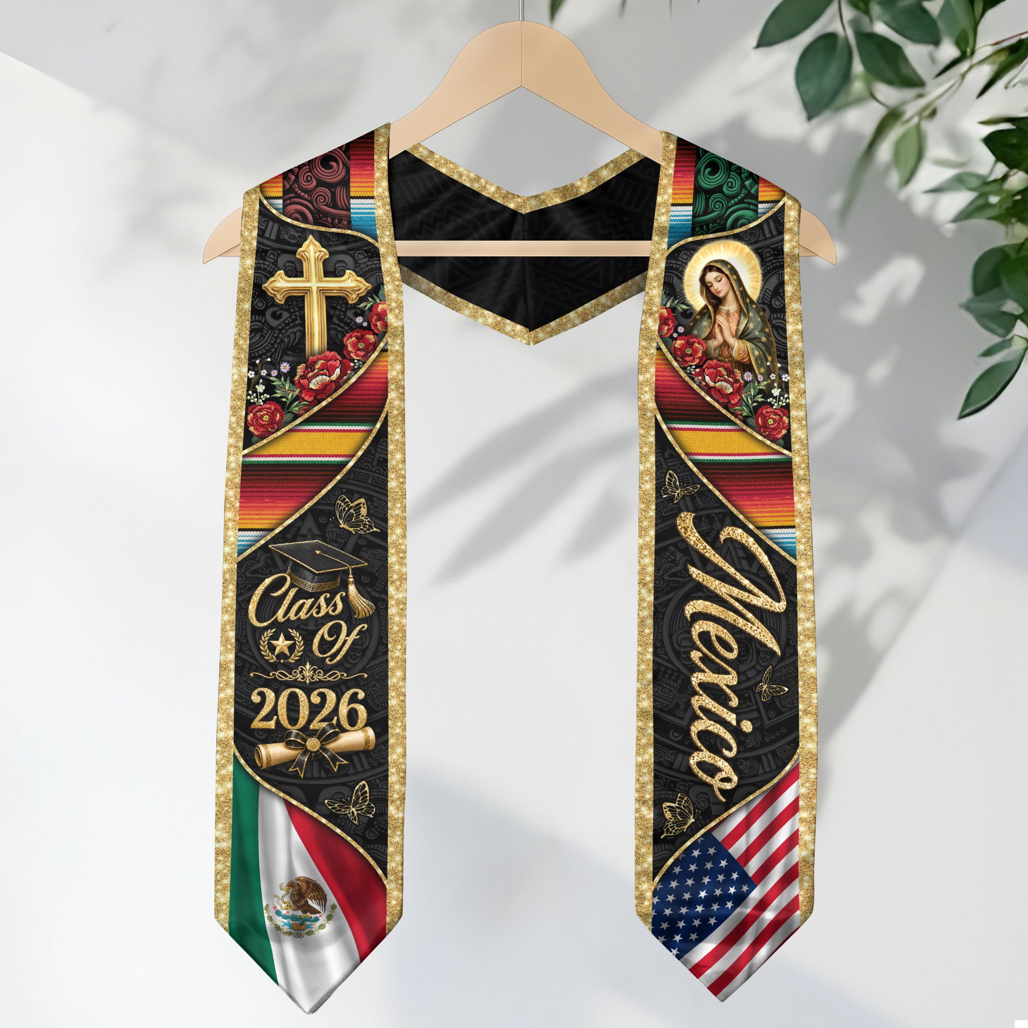 Mexico Stole Graduation 2026 Virgin Mary Cross Gold Glitter Mexican USA Flag Serape