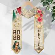 Mexico Graduation Stole Class of 2026 Virgin Mary Cross Cream Floral Dahlia Mexican Flag