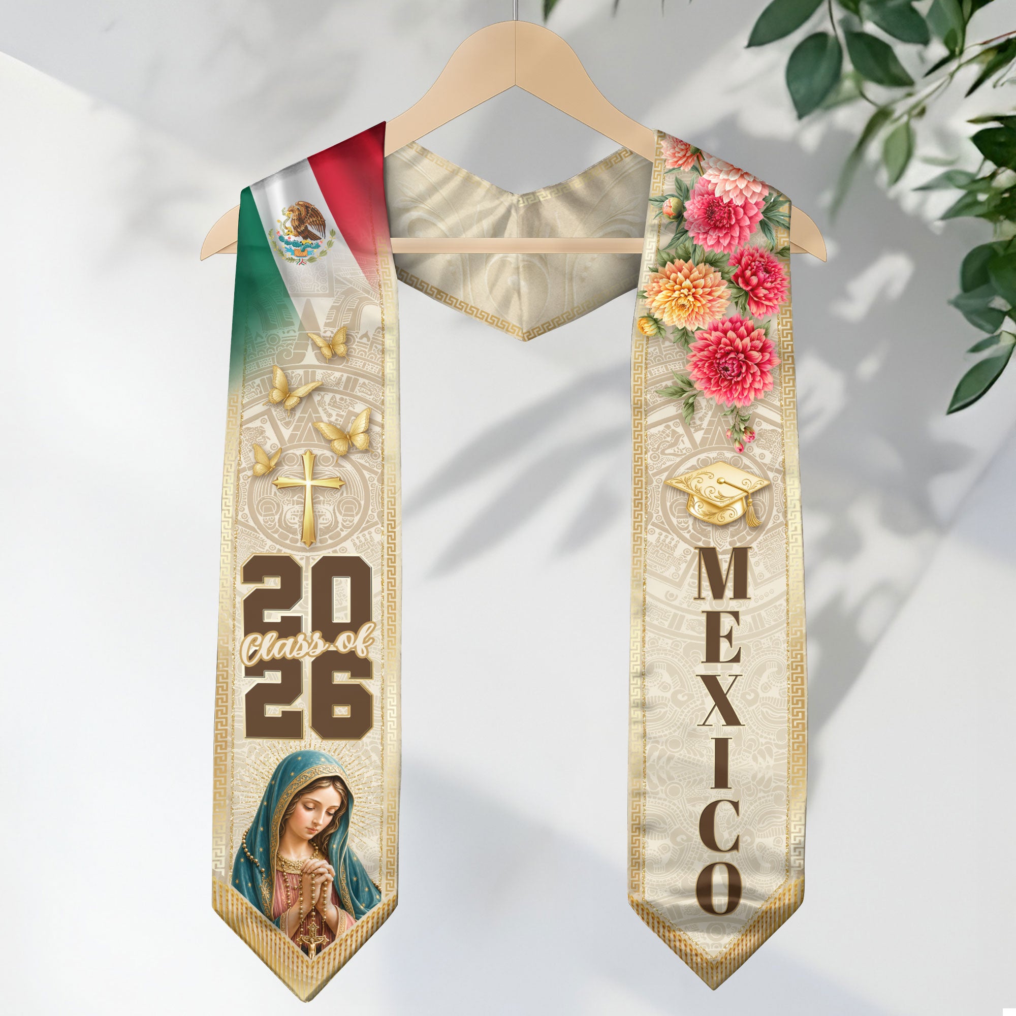 Mexico Graduation Stole Class of 2026 Virgin Mary Cross Cream Floral Dahlia Mexican Flag