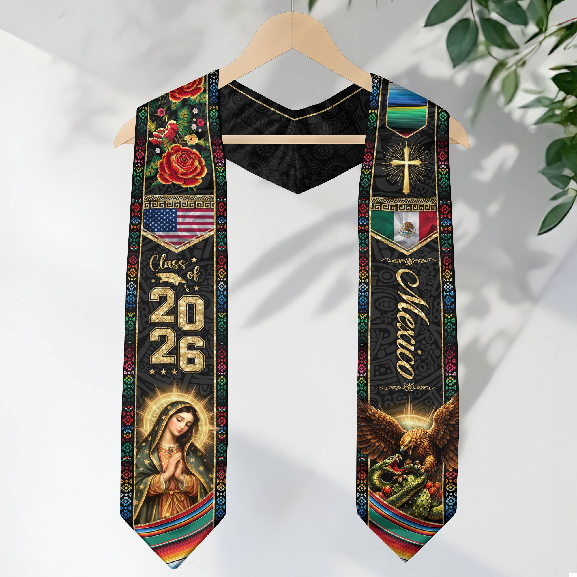 Mexico Graduation Stole Class of 2026 Eagle and Snake Virgin Mary Mexican USA Flag Sash