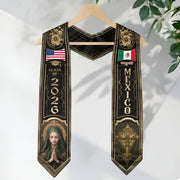 Mexico Graduation Stole Class of 2026 Virgin Mary Cross Gold Black Mexican USA Flag Sash
