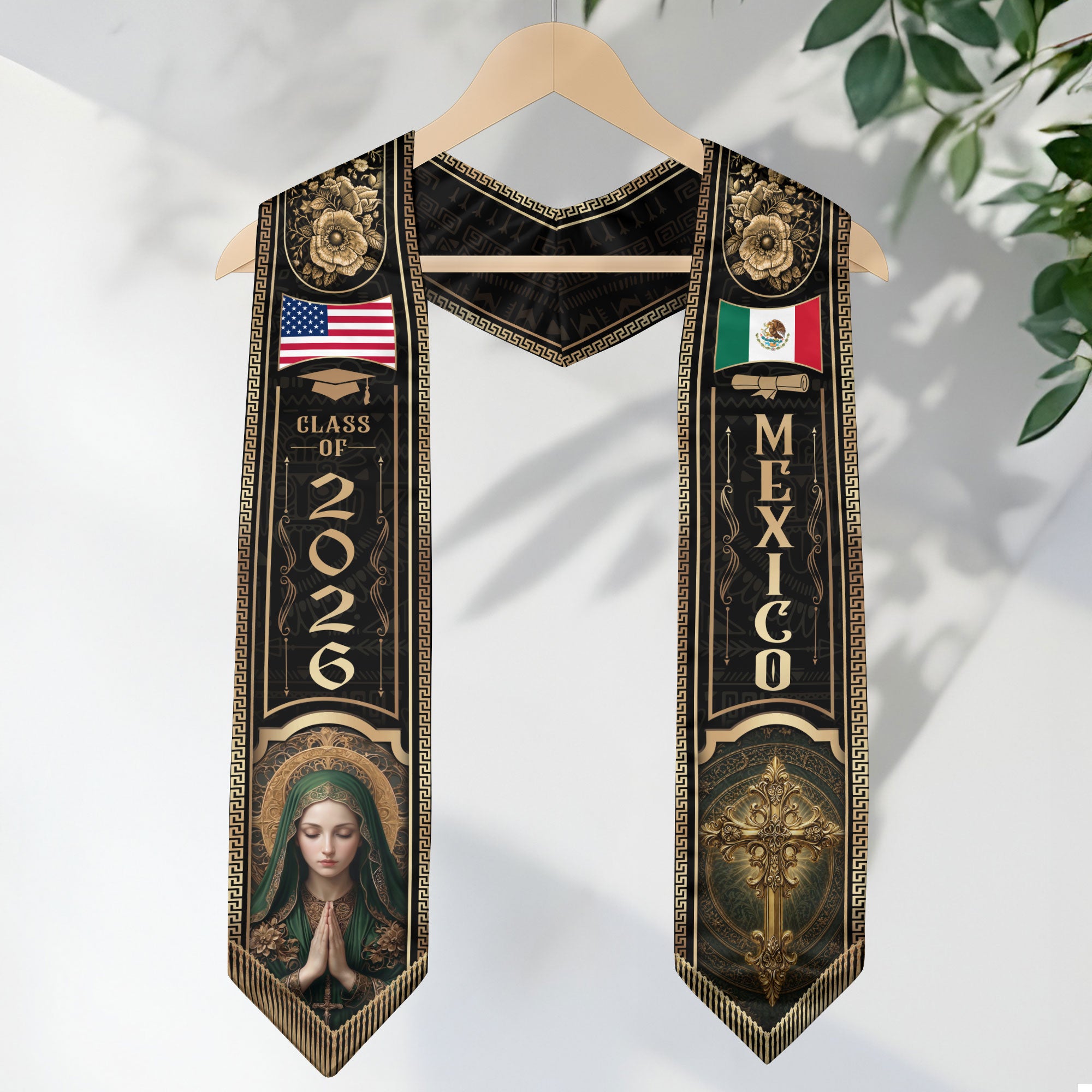 Mexico Graduation Stole Class of 2026 Virgin Mary Cross Gold Black Mexican USA Flag Sash