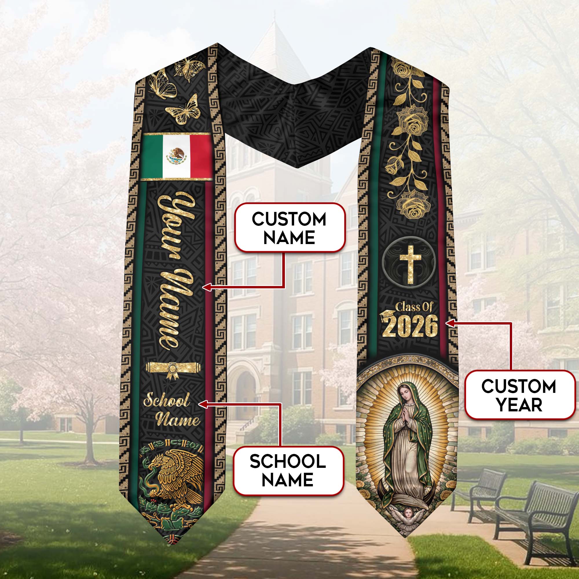 Mexico Graduation Stole 2026 - Personalized Virgin Mary Rose Butterfly Gold Sash