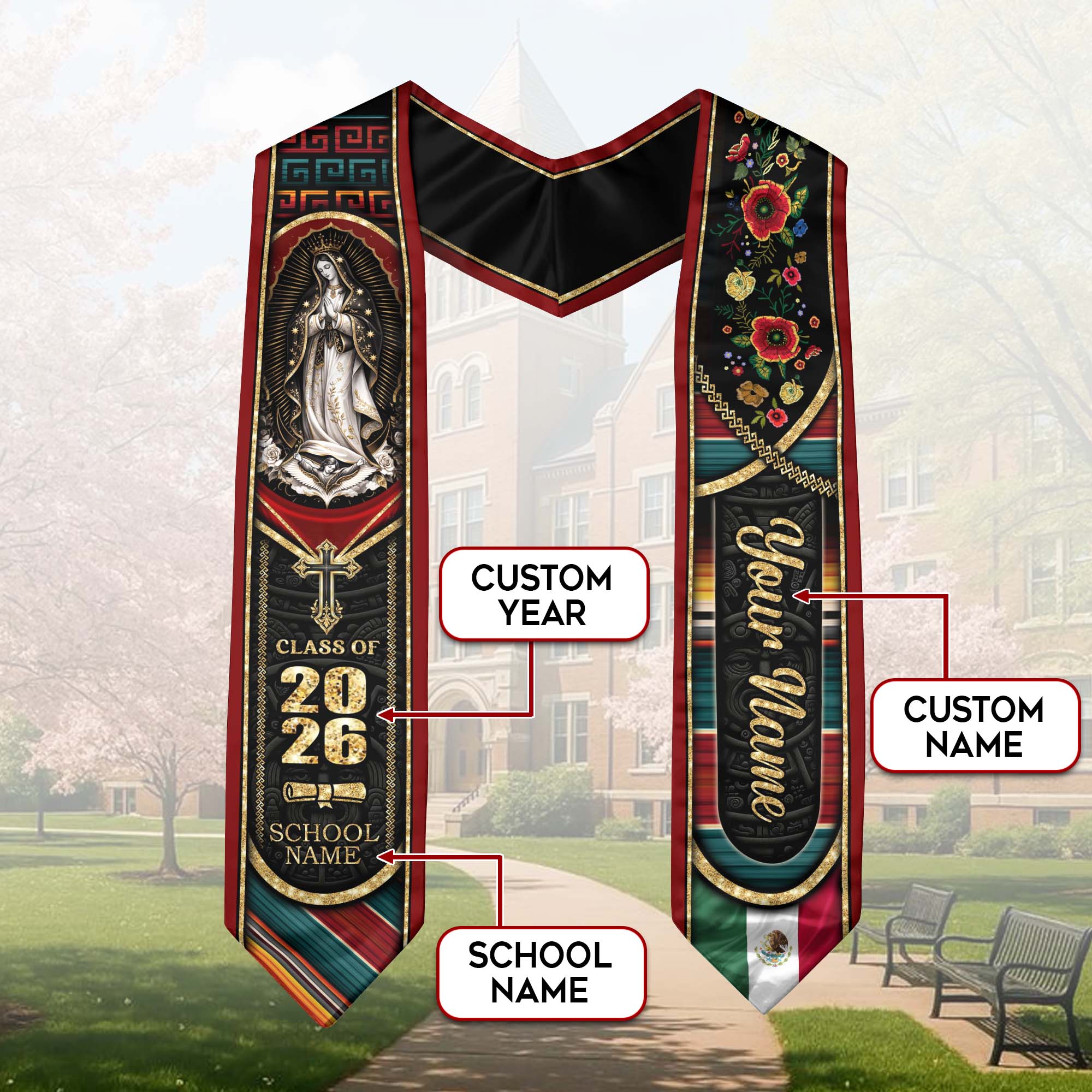 Mexican Heritage Graduation Stole 2026 - Custom Name Floral Embroidered Virgin Mary Sash