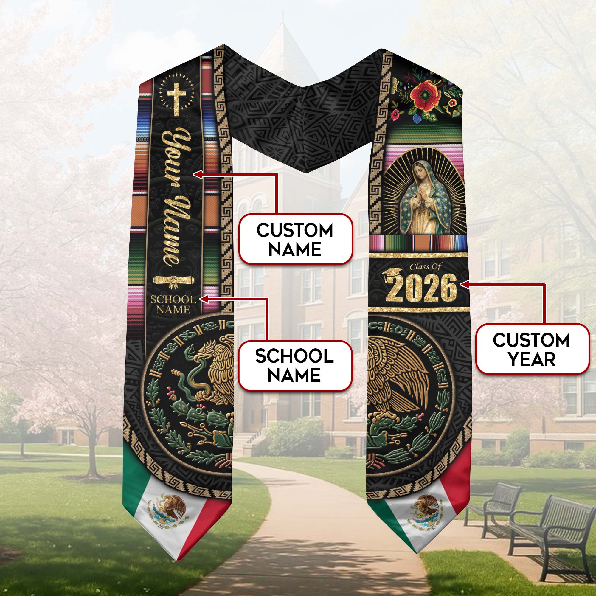Mexican Flag Graduation Stole 2026 - Personalized Name School Eagle Serape Sash