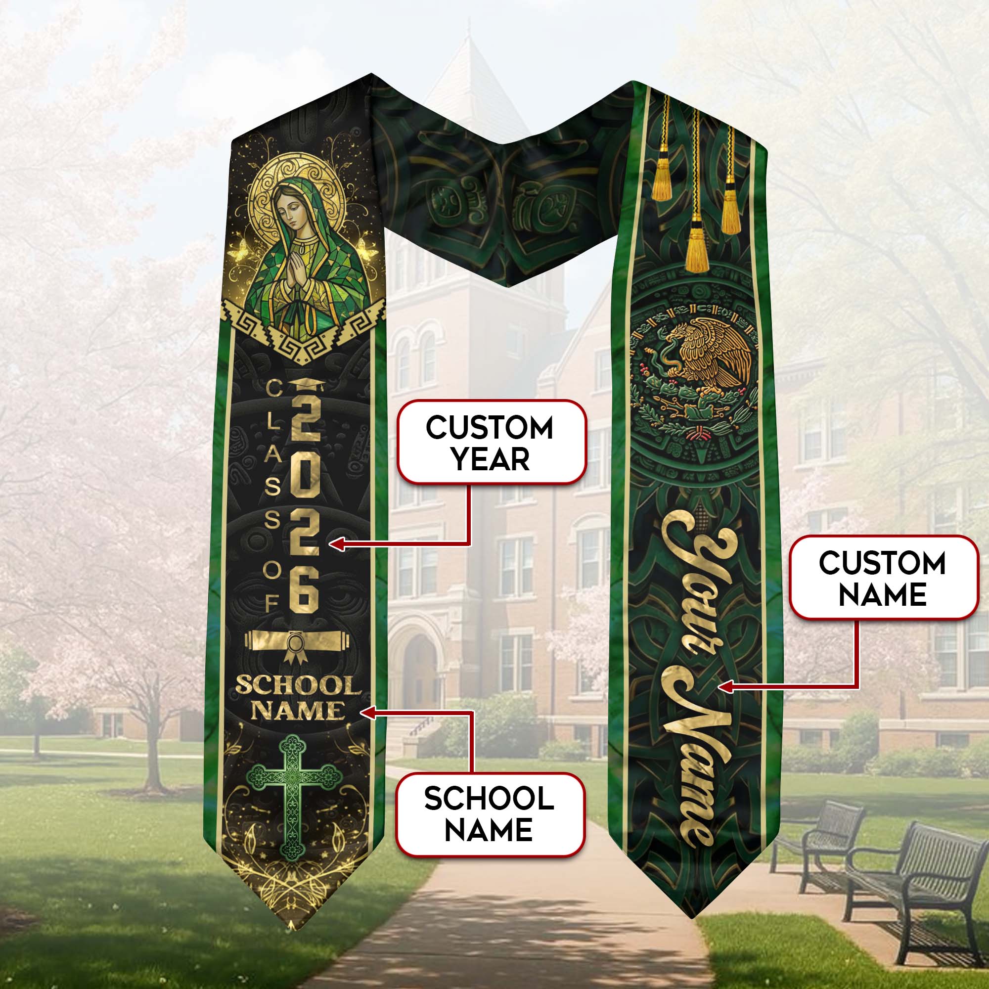Mexican Heritage Graduation Stole 2026 - Custom Name Green Gold Virgin Mary Cross Sash