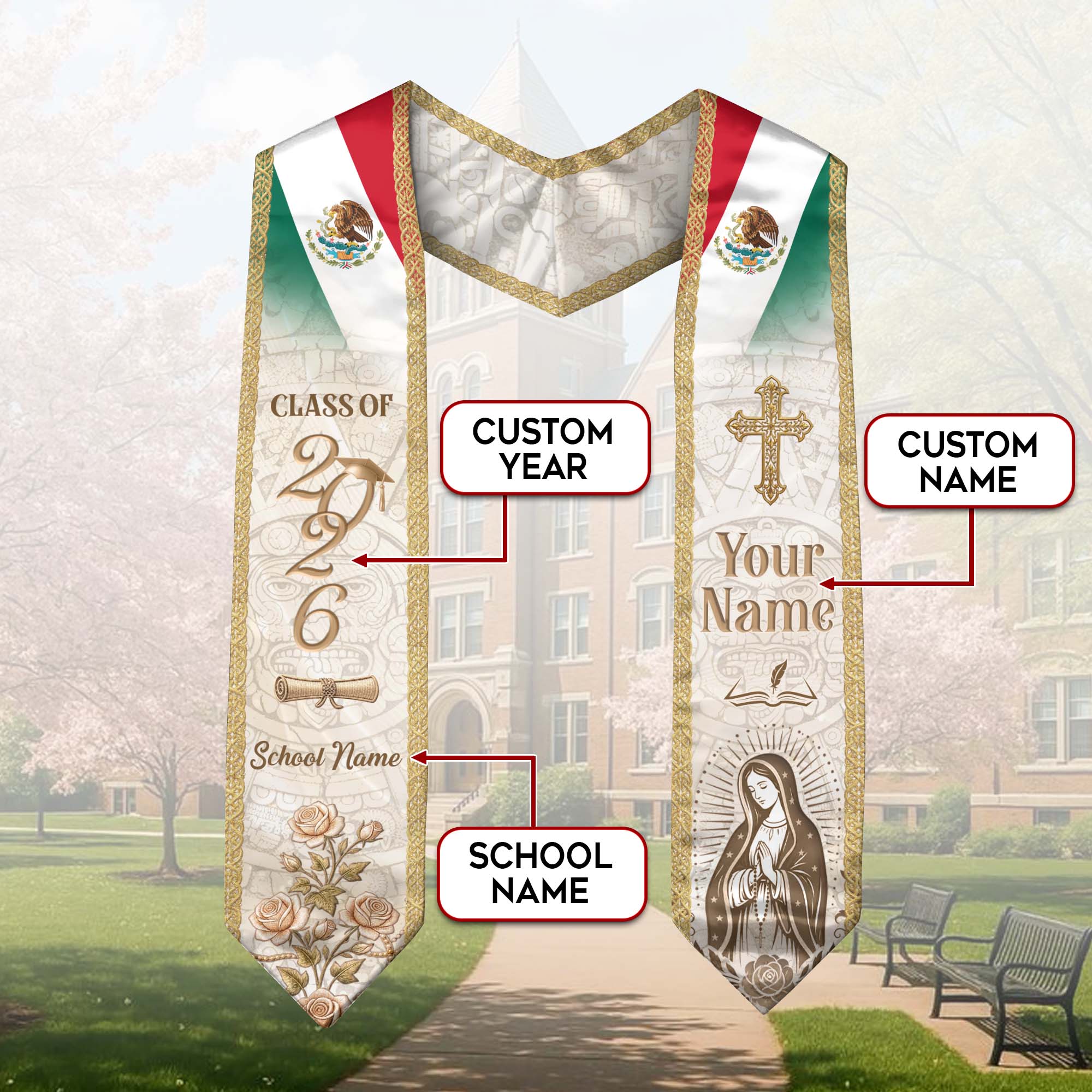 Mexico Graduation Stole Class of 2026 - Custom Name School Rose Virgin Mary