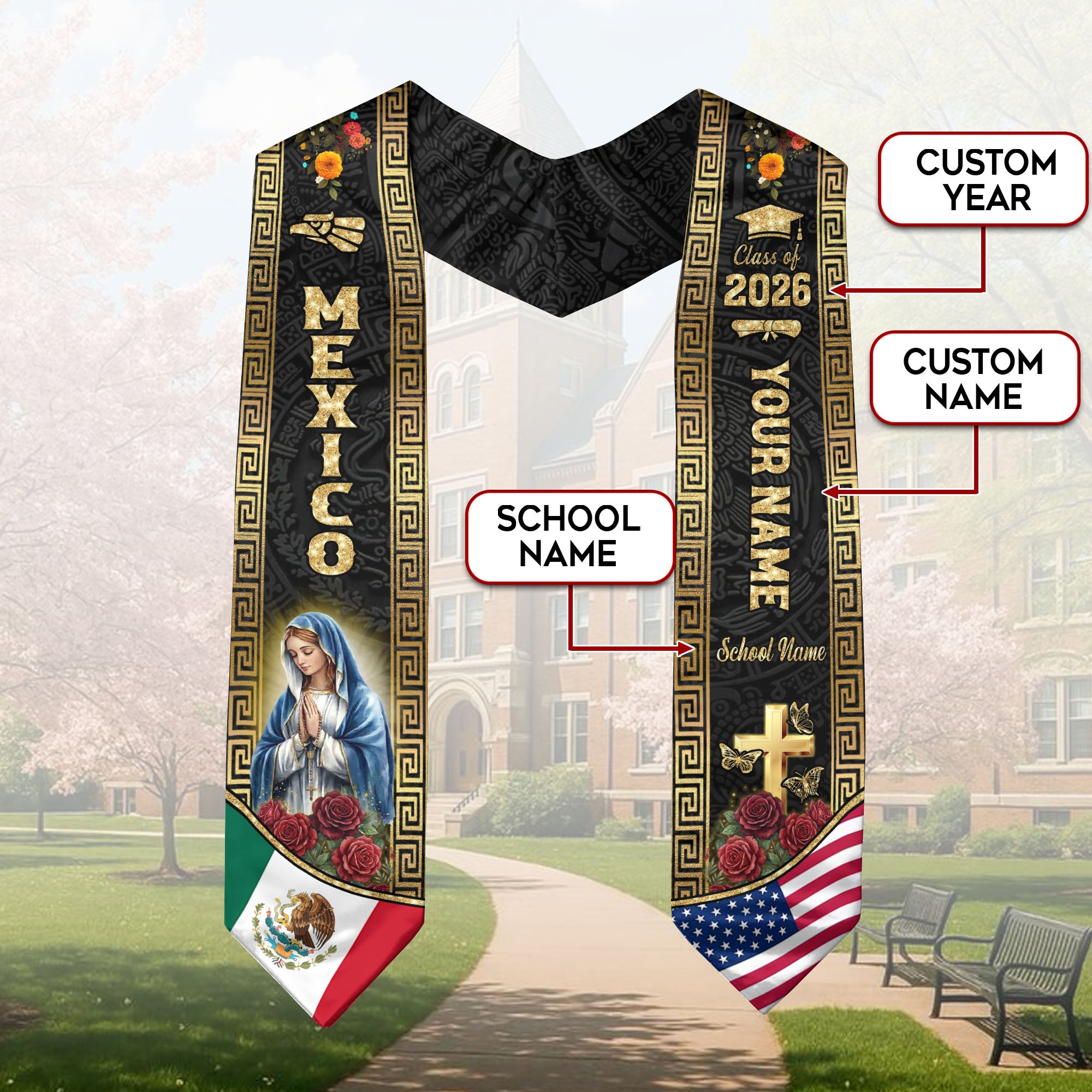 Custom Mexico Graduation Stole 2026 Virgin Mary Eagle Flag Mexican Sash