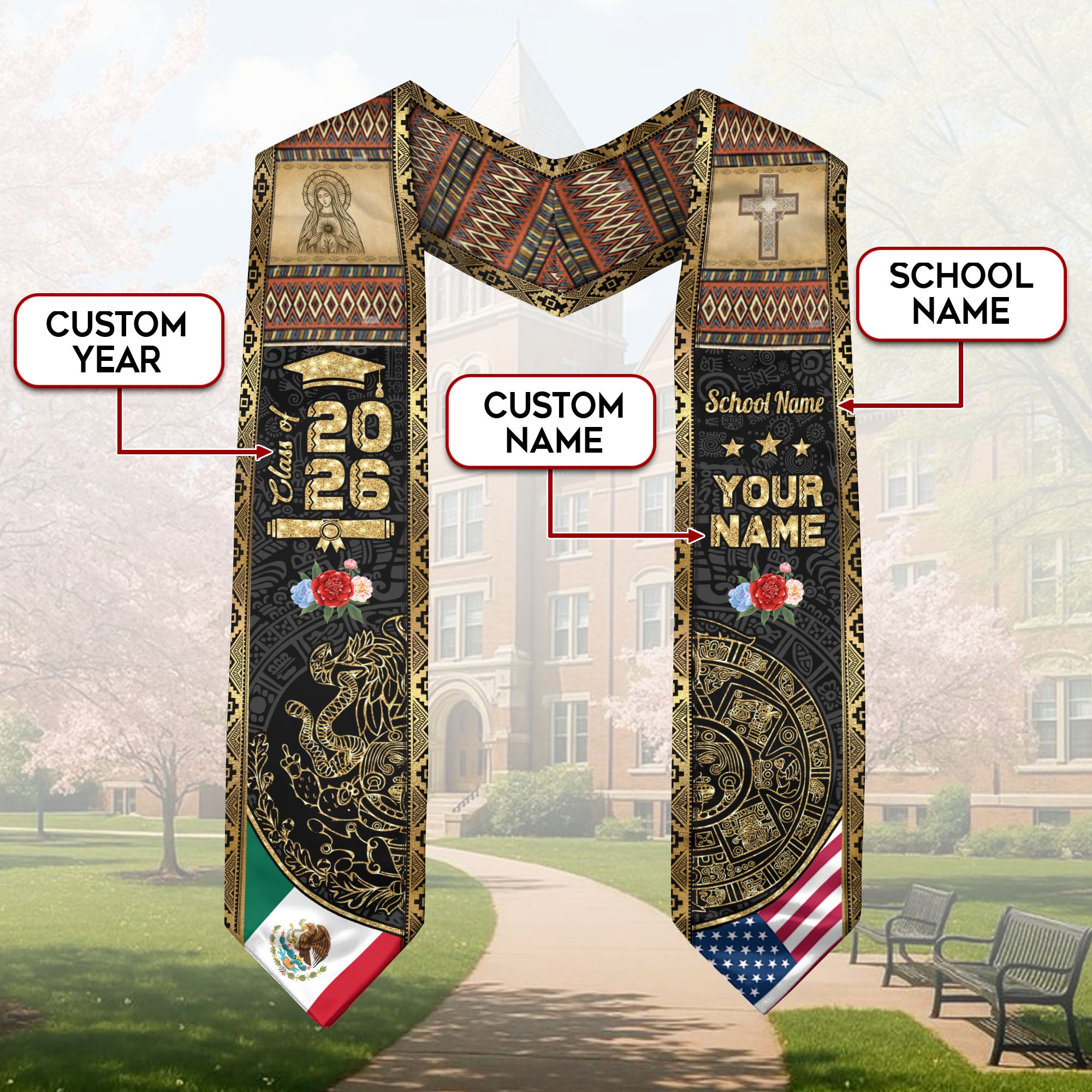 Mexico Graduation Stole 2026 Aztec Calendar Virgin Mary Personalized Sash Gift