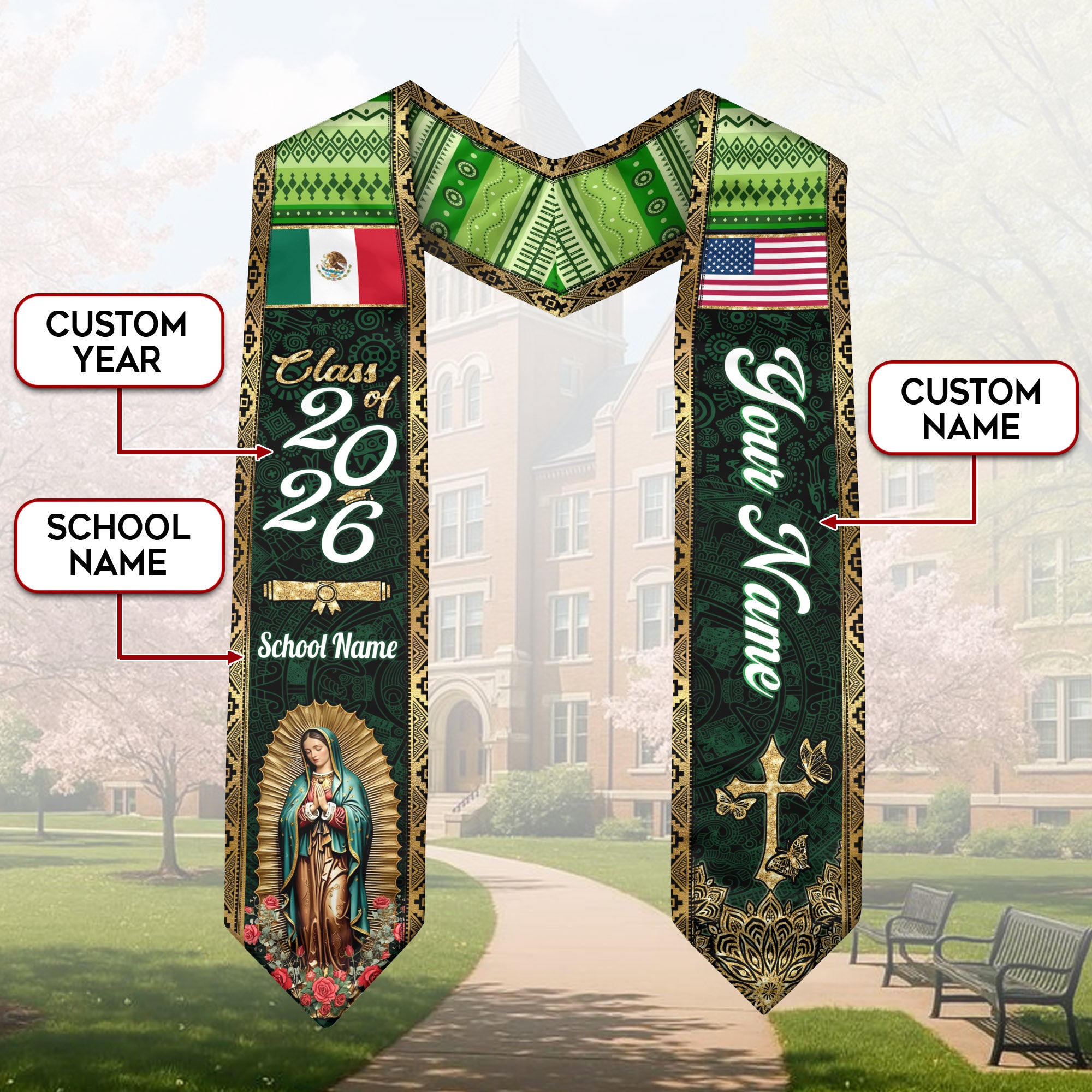 Mexico Graduation Stole 2026 Emerald Green Virgin Mary Personalized Mexican Sash