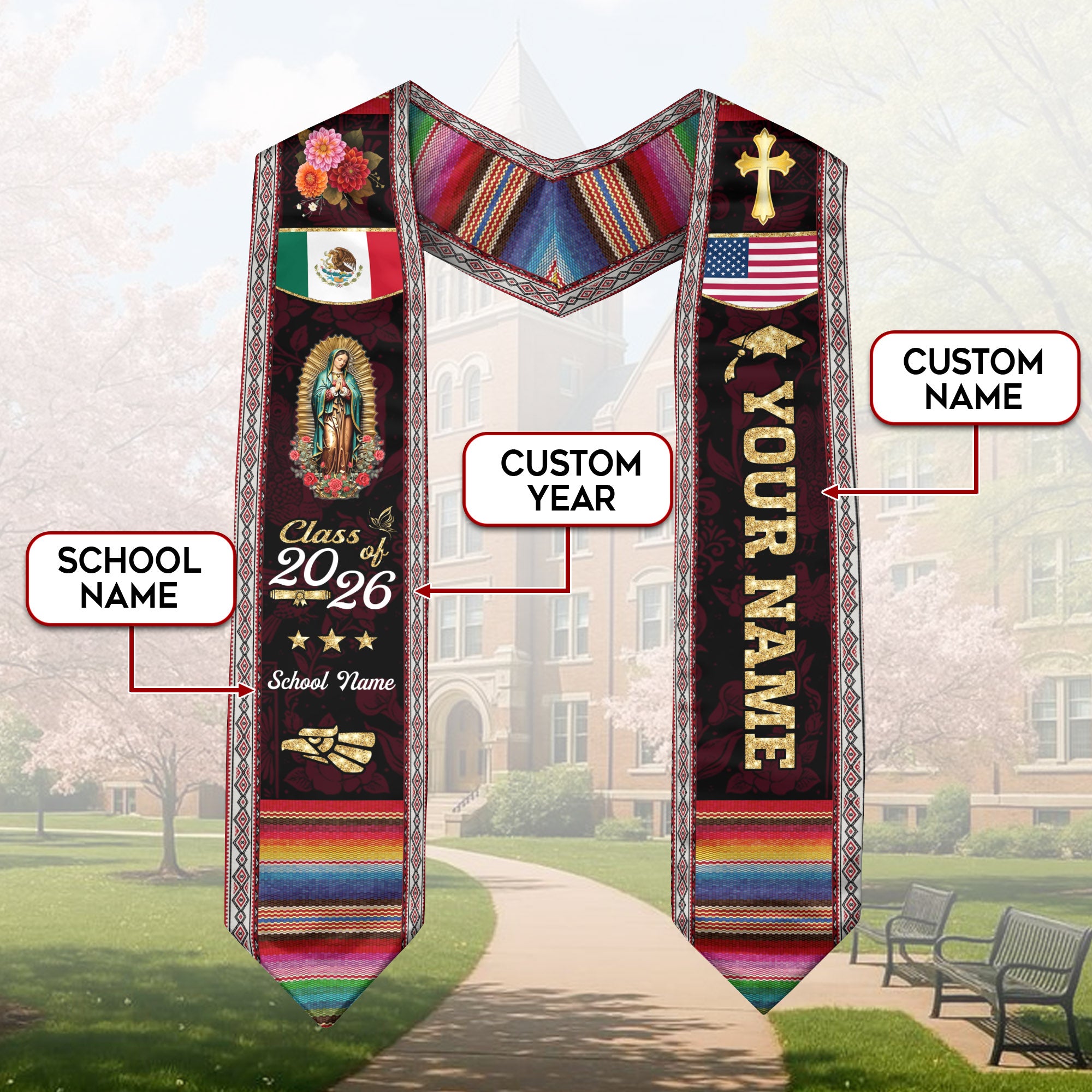 Mexico USA Flag Graduation Stole 2026 Custom Burgundy Guadalupe Mexican Sash