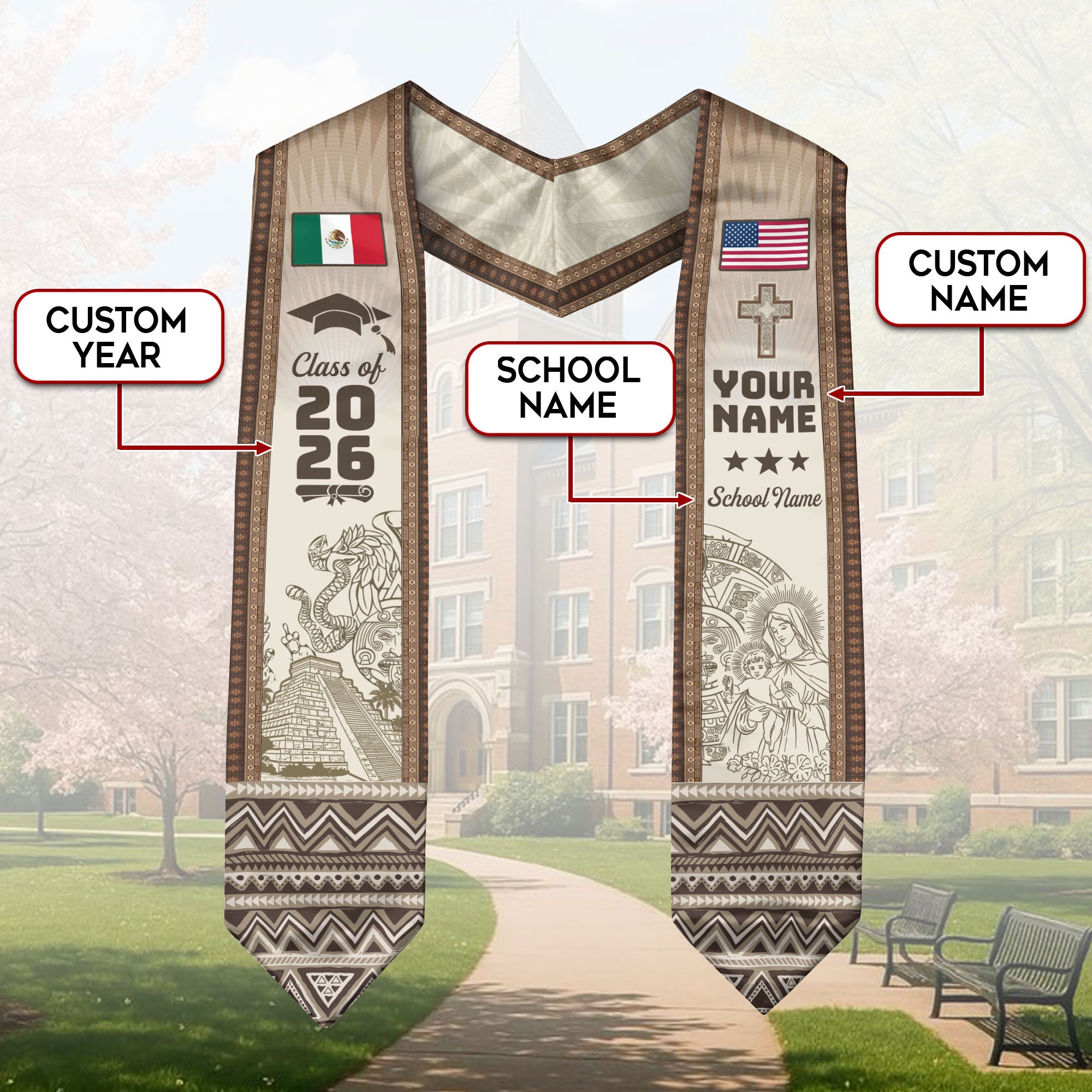 Mexico Graduation Stole 2026 Chichen Itza Aztec Pyramid Personalized Mexican Sash